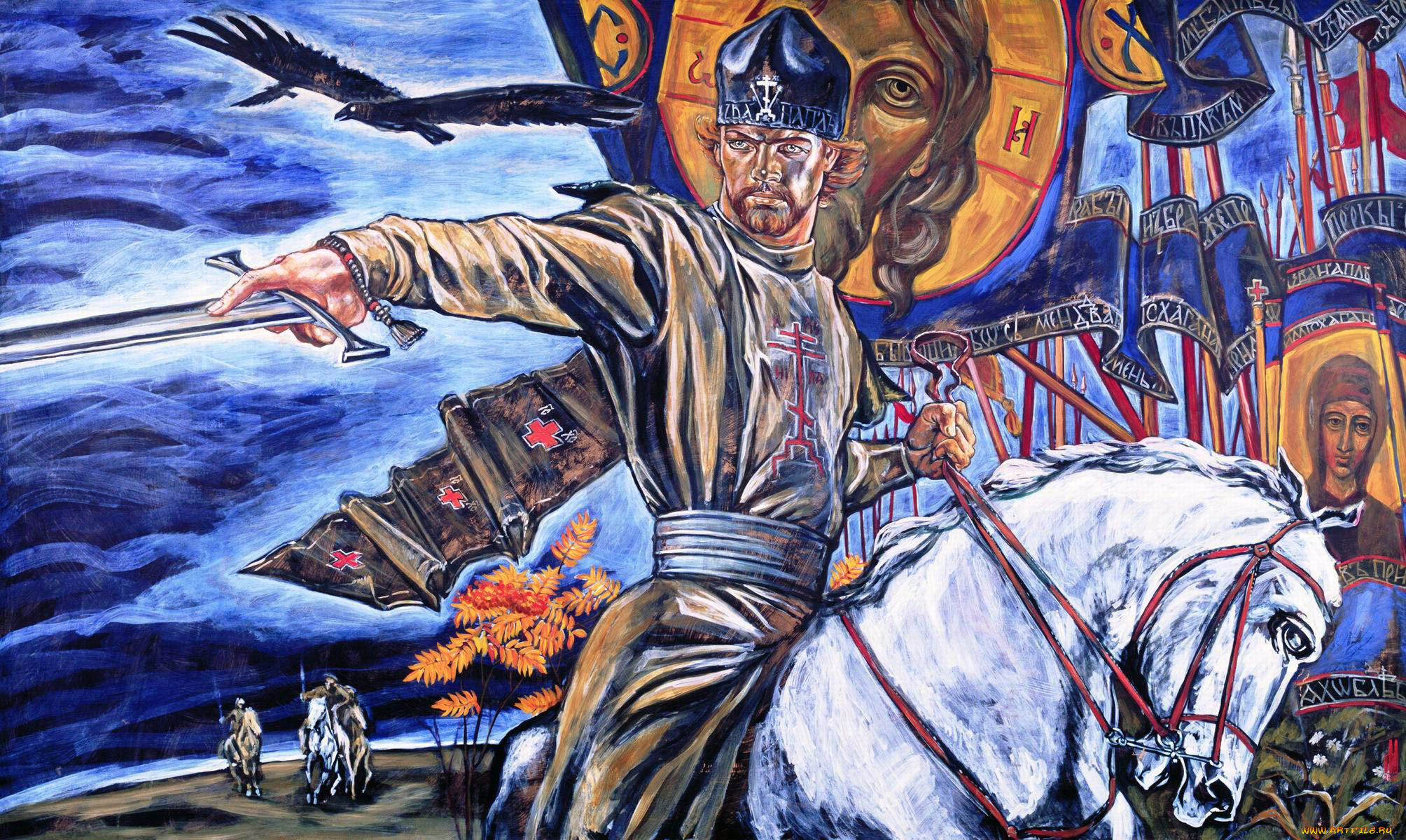 куликово, поле, рисованное, люди, князь, кони, всадники, птицы, флаги, знамена, войско