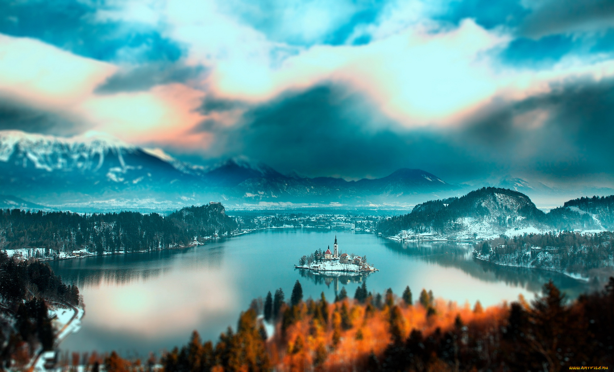 города, -, пейзажи, река, остров, здание, горы, лес, осень, небо, облака, бирюзовый, рыжий, пейзаж, природа