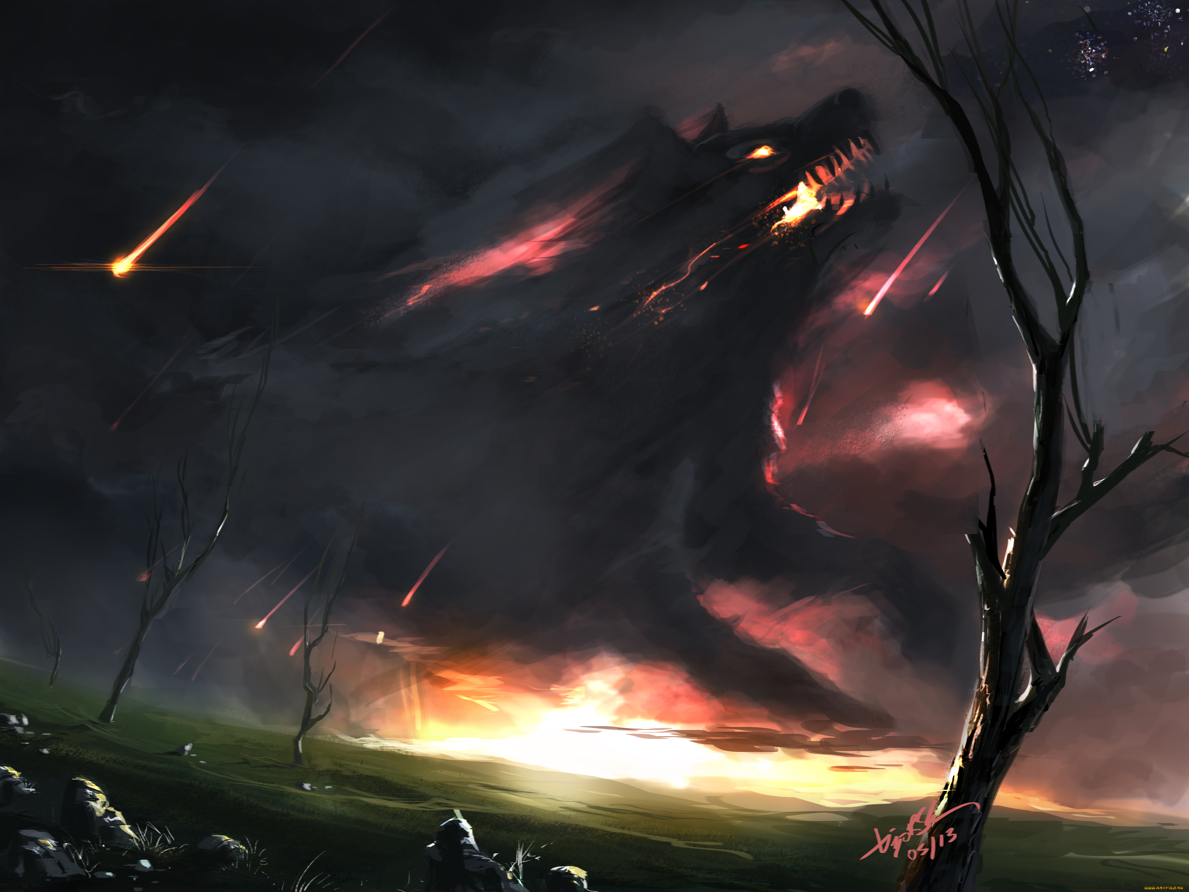 фэнтези, оборотни, арт, фантастика, оборотень, зверь, ночь, огонь, тучи, мрак