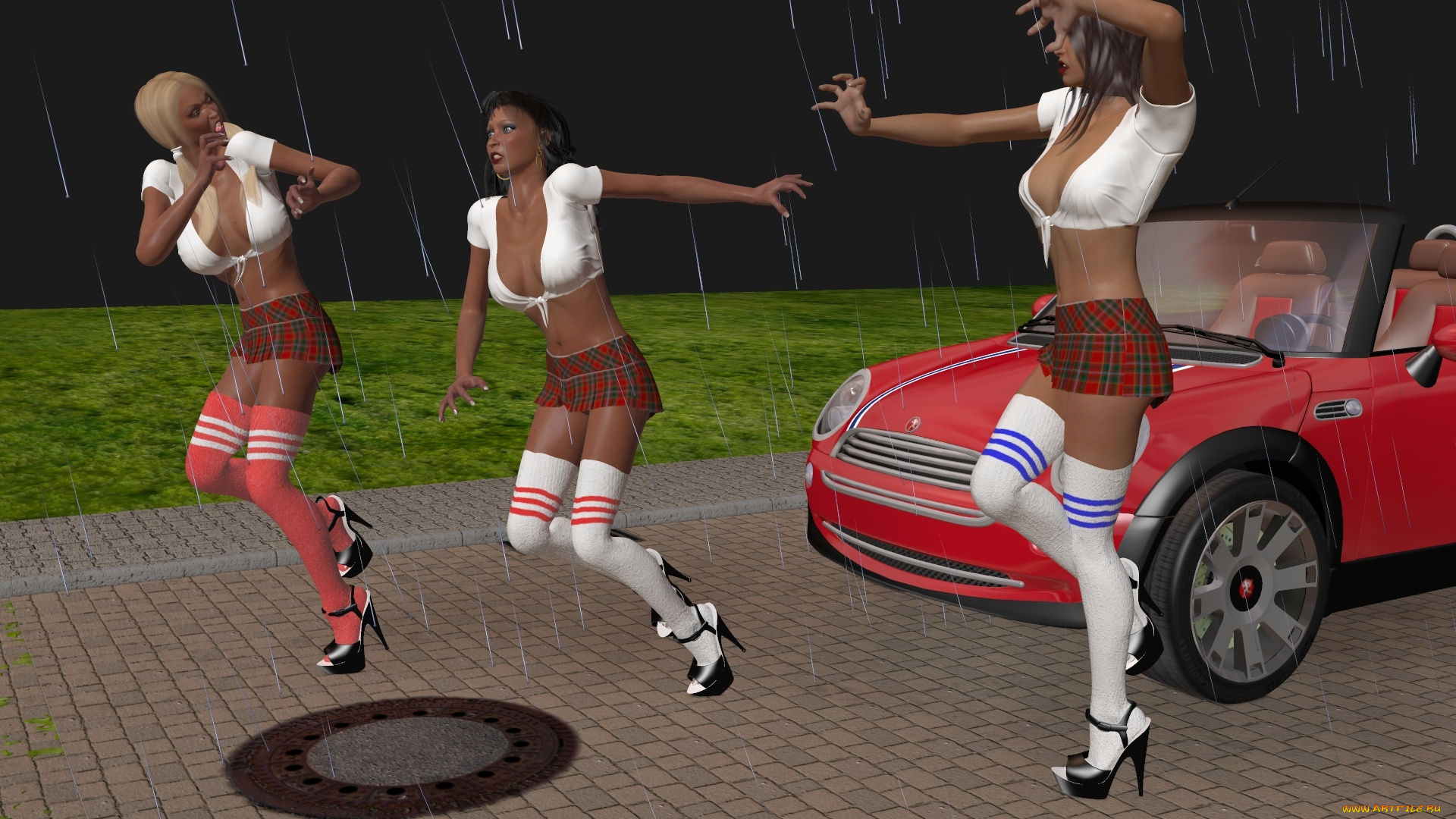 3д, графика, люди, , people, девушки, взгляд, фон, автомобиль