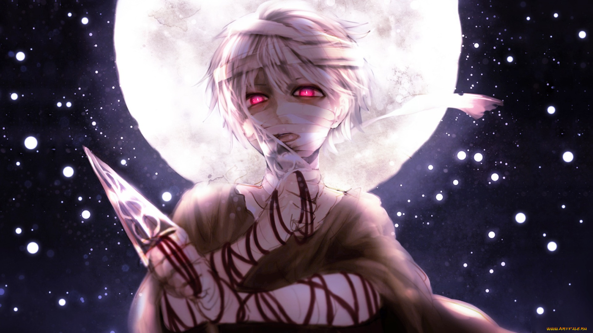 аниме, оружие, , техника, , технологии, луна, небо, кинжалы, бинты