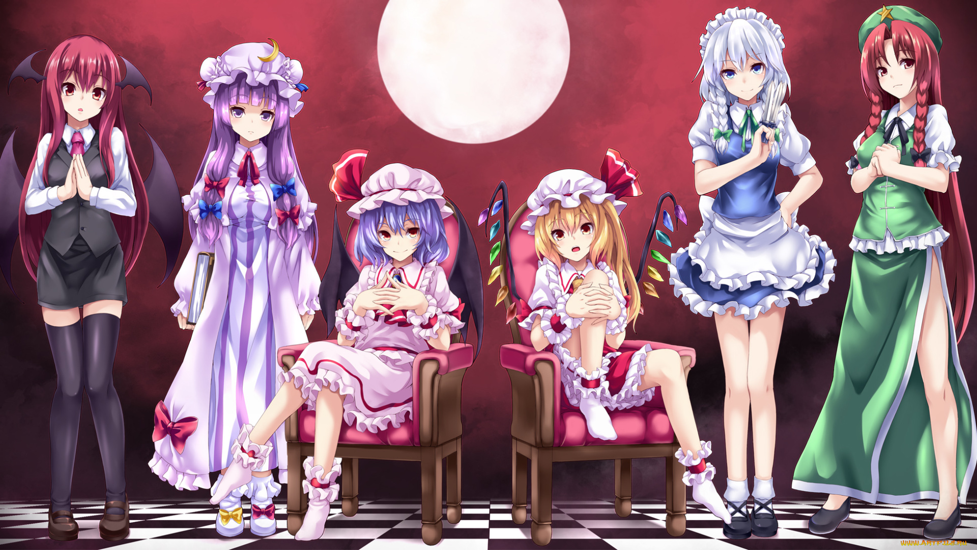 аниме, touhou, взгляд, девушки, фон