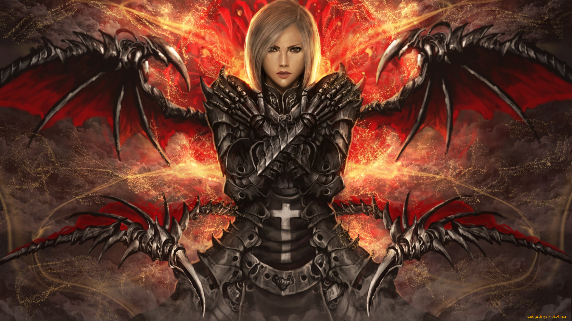 фэнтези, демоны, девушка, крест, крылья, сложенные, руки, броня