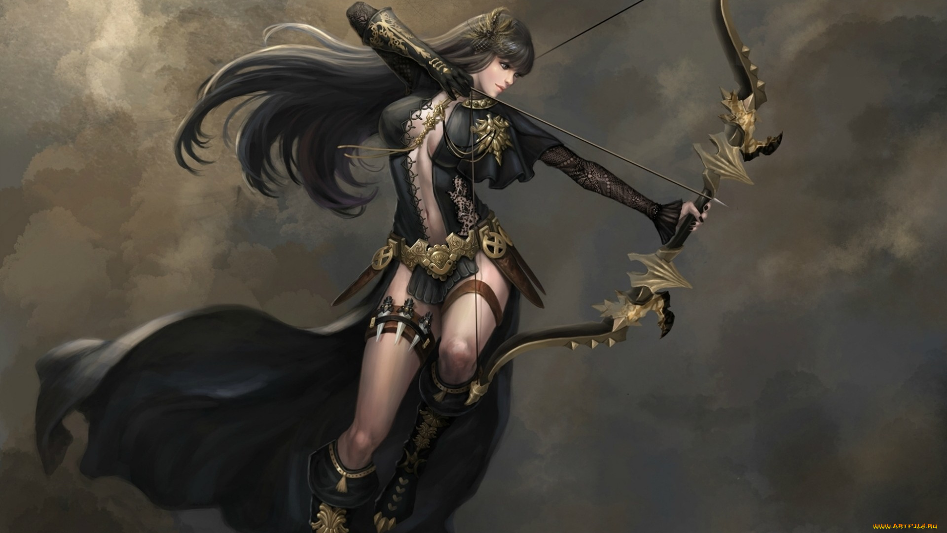 фэнтези, девушки, ножи, стрела, прыжок, девушка, лук, лучница