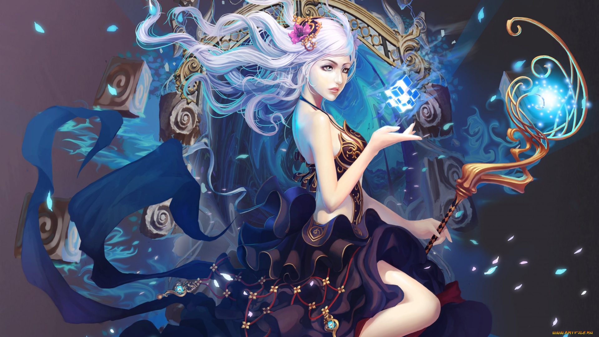 фэнтези, маги, , волшебники, девушка, магия, посох, ленты