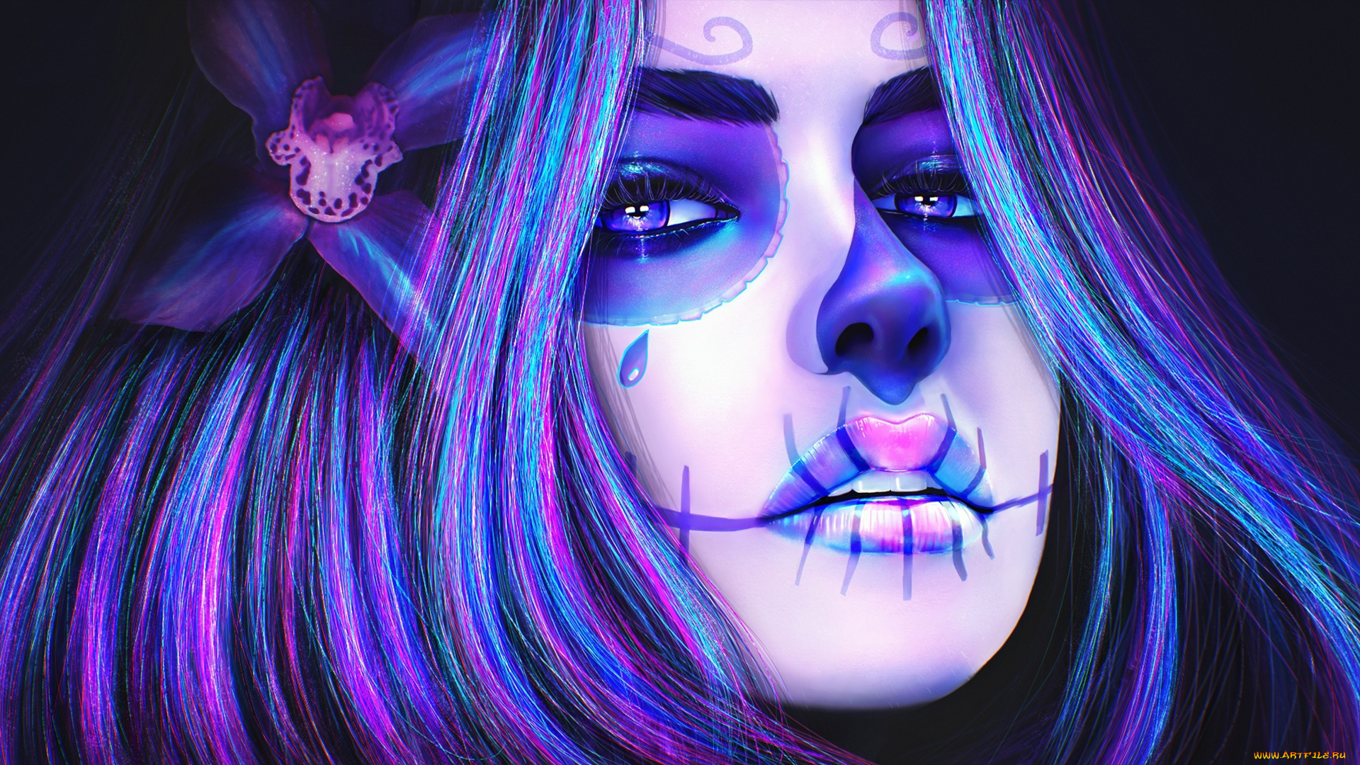 фэнтези, нежить, девушка, sugar, skull, лицо, цветок, череп, макияж