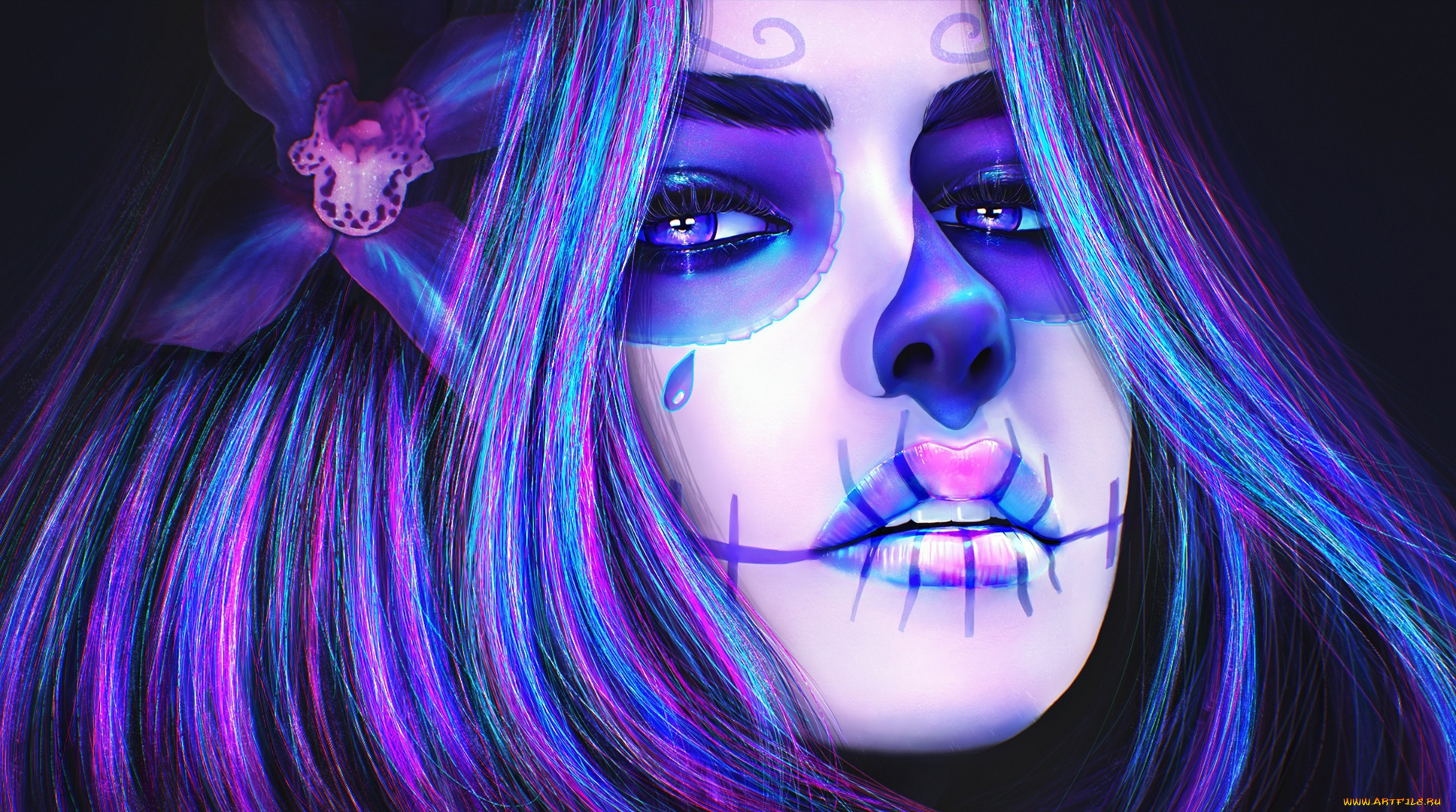 фэнтези, нежить, девушка, sugar, skull, лицо, цветок, череп, макияж
