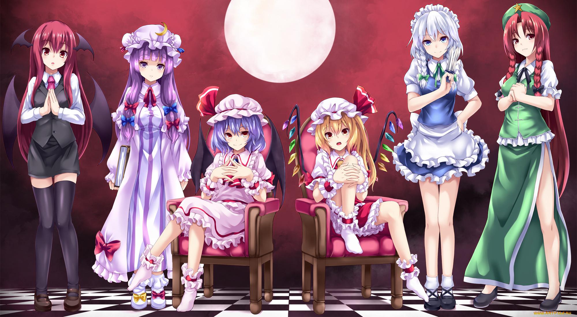 аниме, touhou, взгляд, девушки, фон