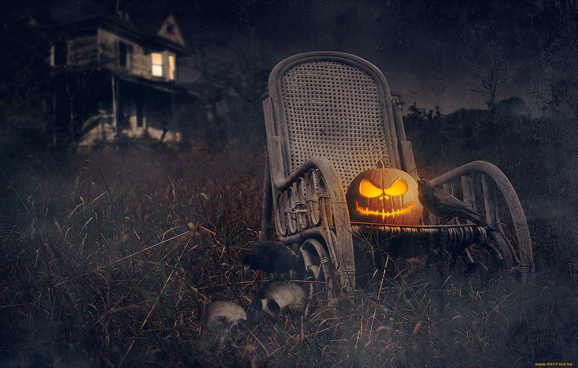 праздничные, хэллоуин, черепа, праздник, halloween, тыква, дом, ночь, грачи