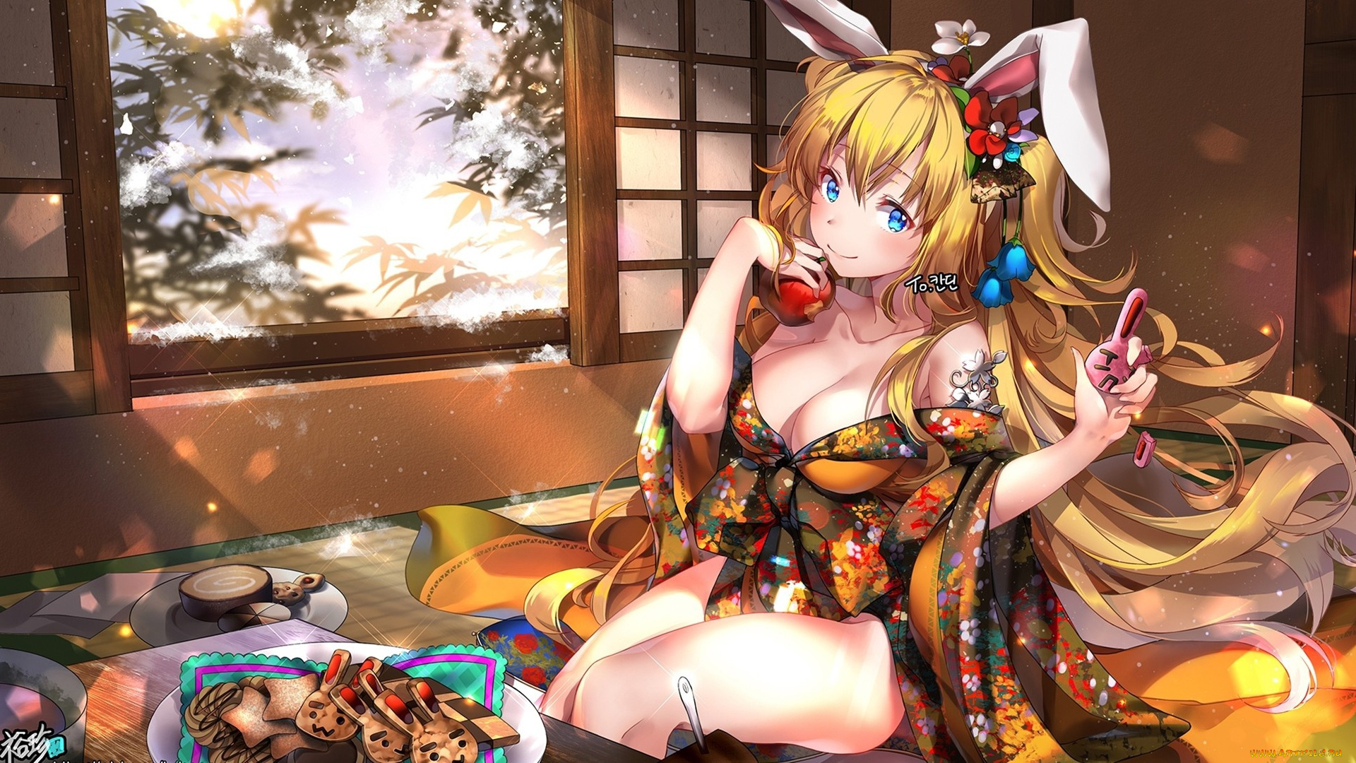 аниме, животные, , существа, piviv, tatame, apple, kyojin, girl, tekai, pretty, kimono, oppai, bishojo, japonese, anime, big, bunny, beautiful, sugoi