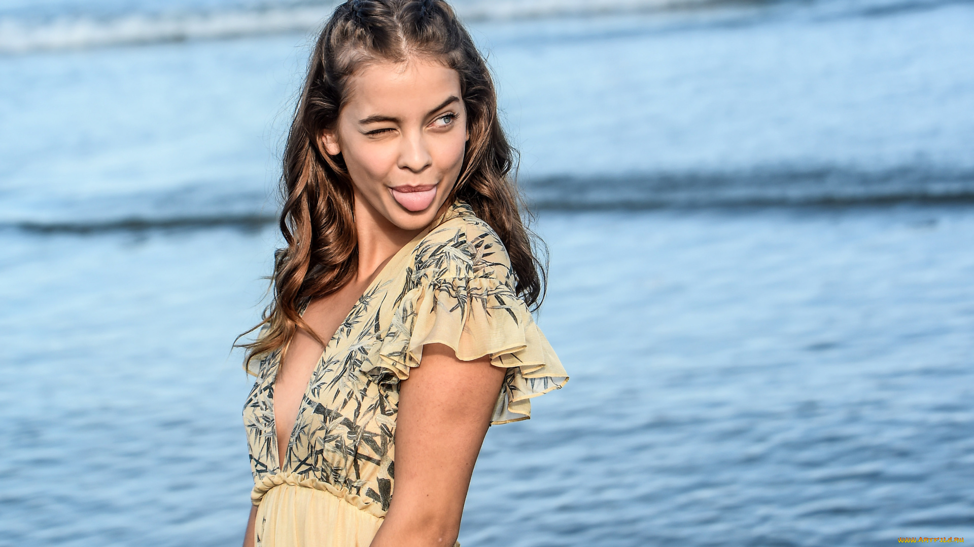 девушки, barbara, palvin, язык, декольте, море, платье, модель