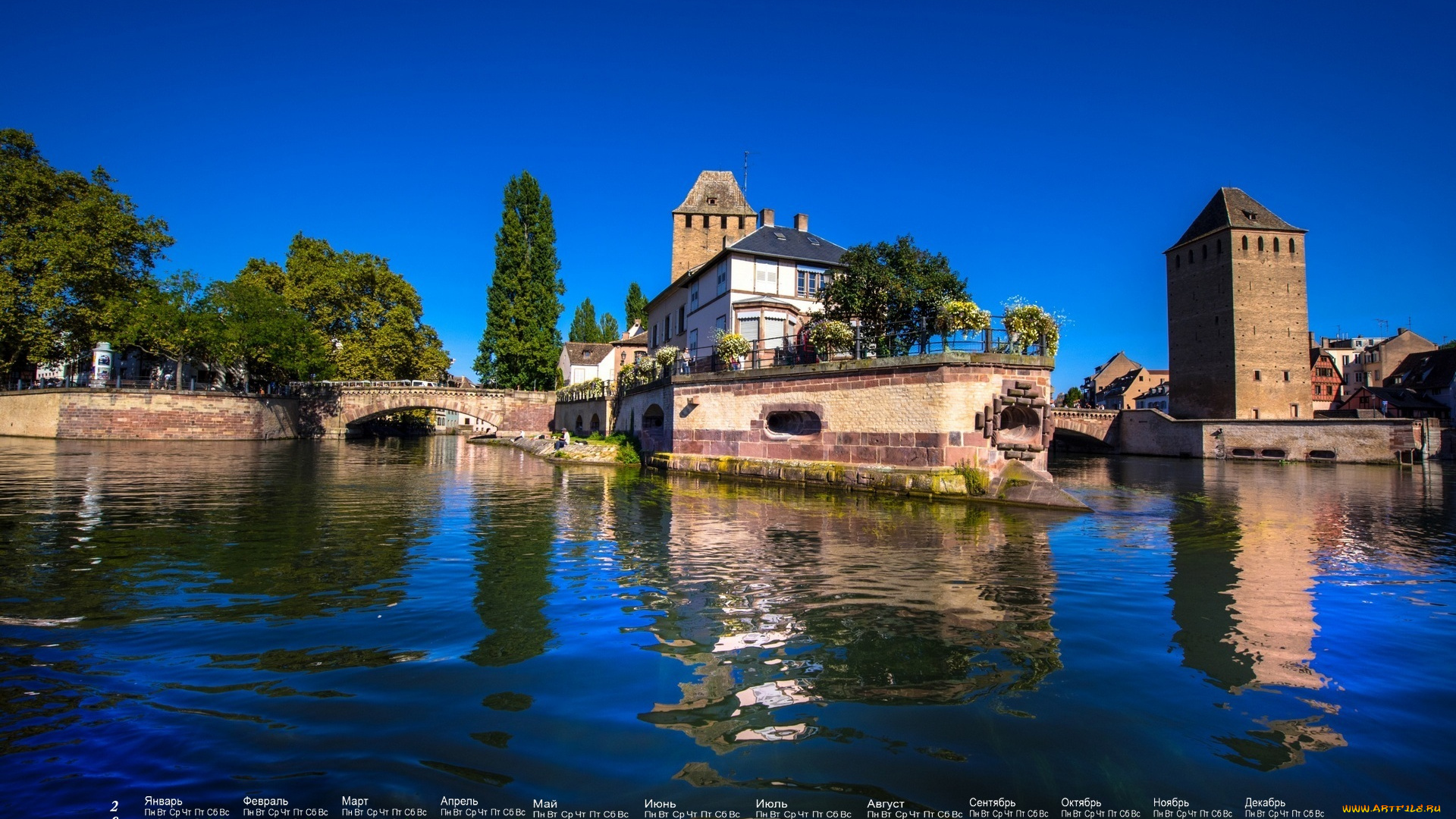 france, календари, города, деревья, здание, мост, водоем, 2018