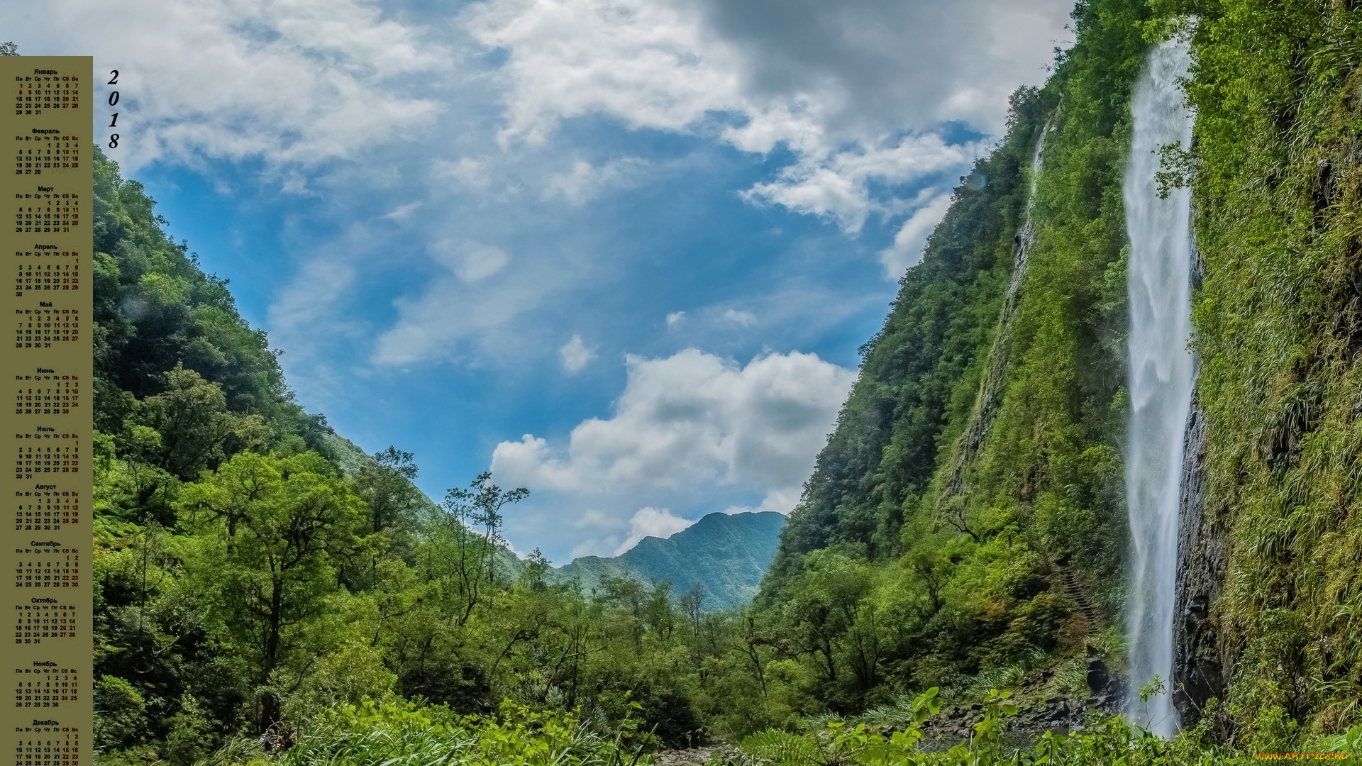 france, календари, природа, водопад, 2018, растения, облака, деревья, гора