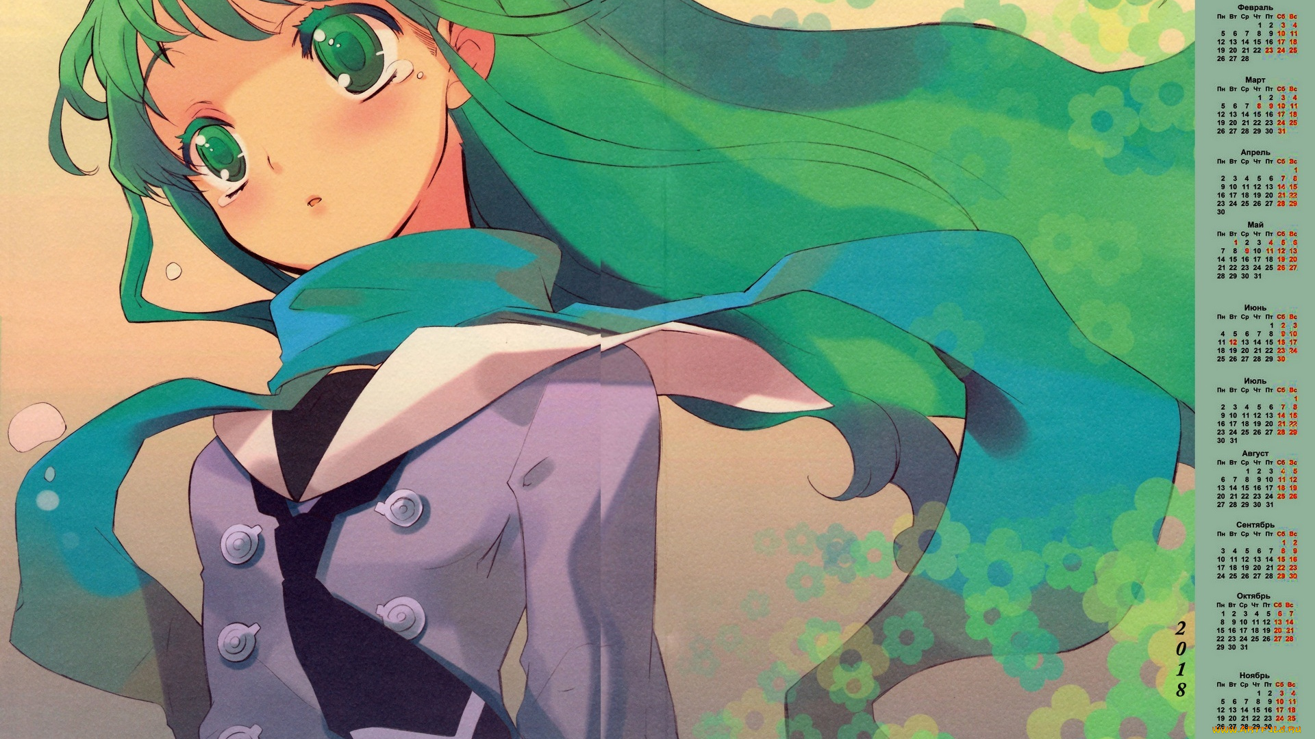 календари, аниме, 2018, девушка, цветы, шарф