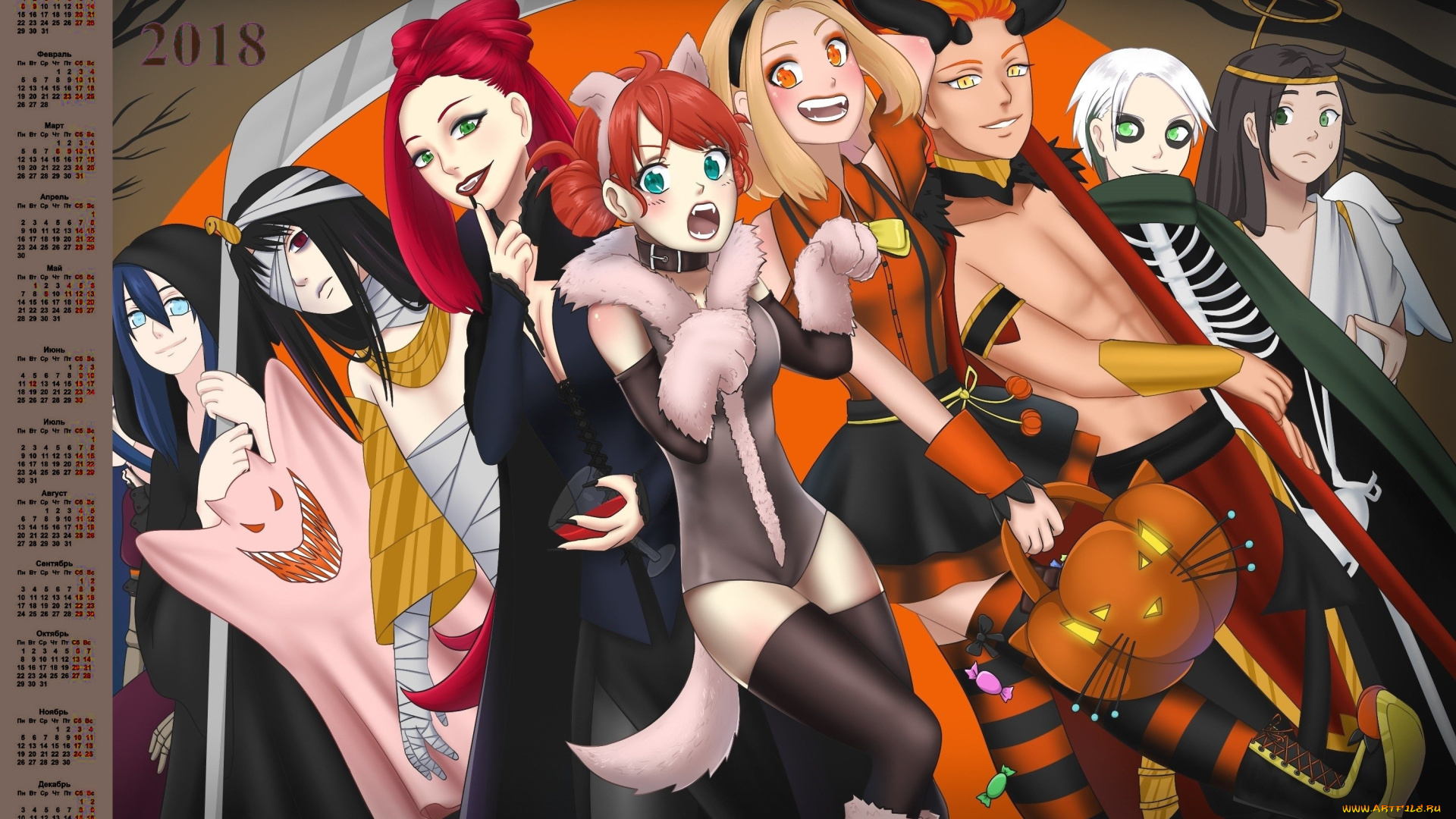 календари, аниме, персонаж, парень, клыки, 2018, девушка