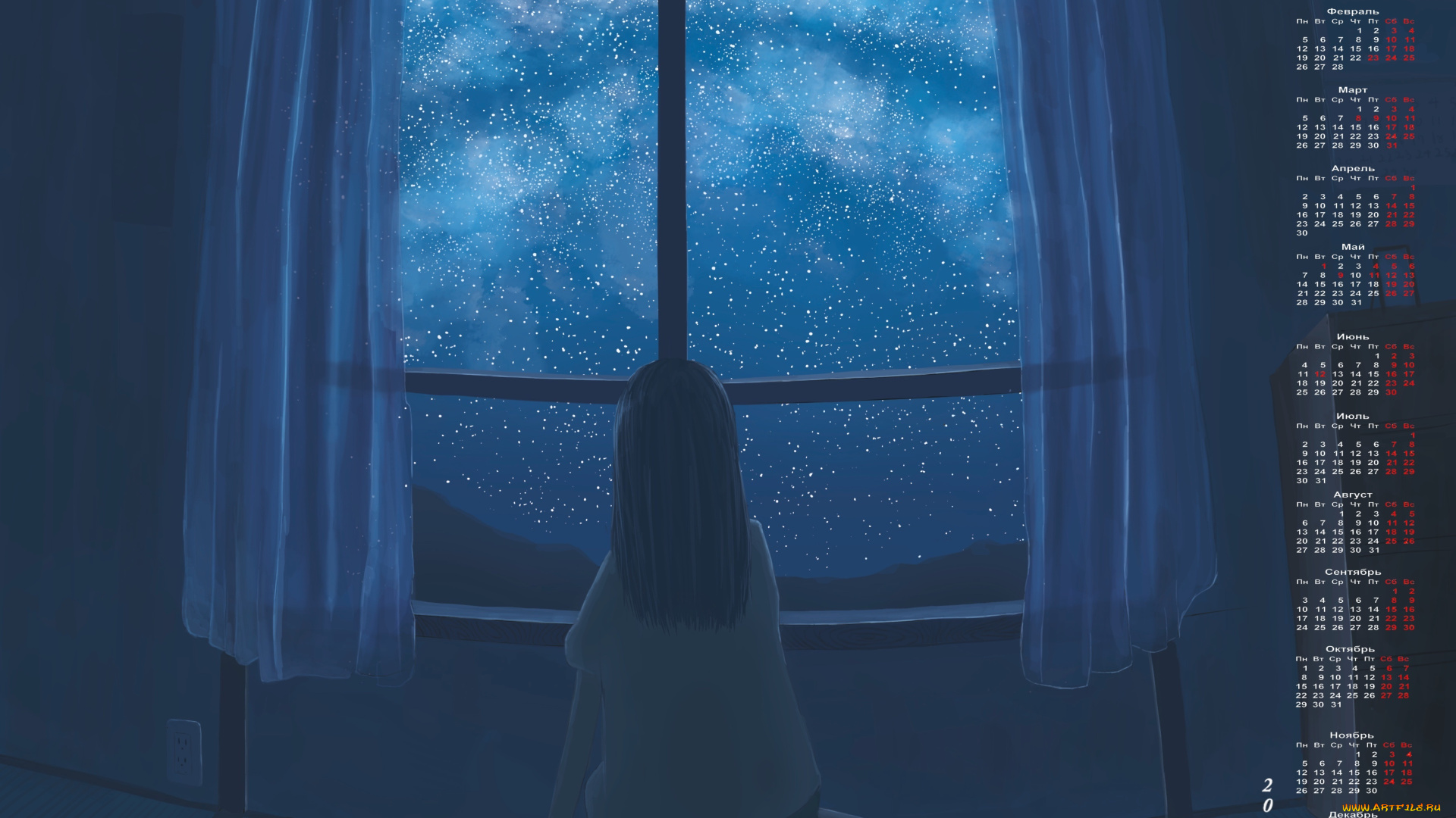календари, аниме, занавес, звезды, окно, 2018, девушка