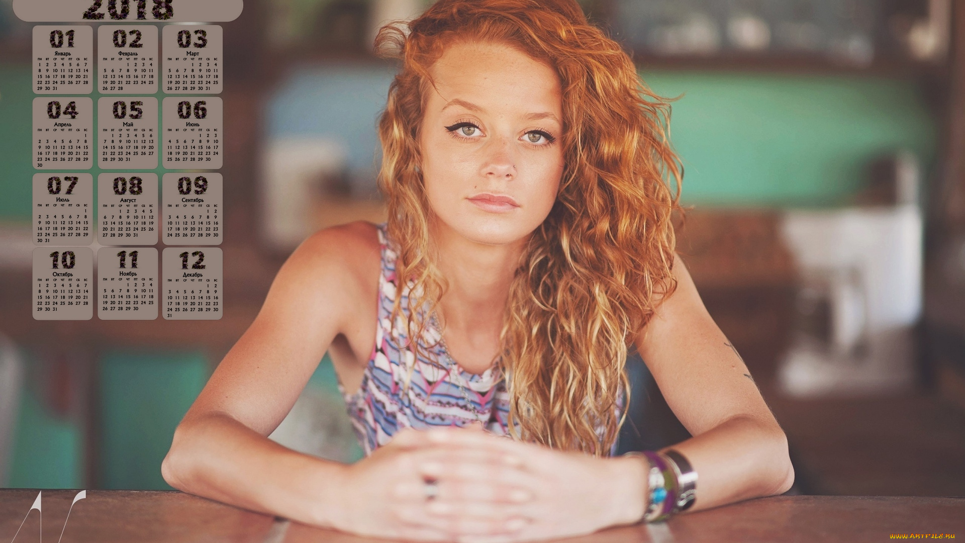 календари, девушки, браслет, рыжая, взгляд, 2018