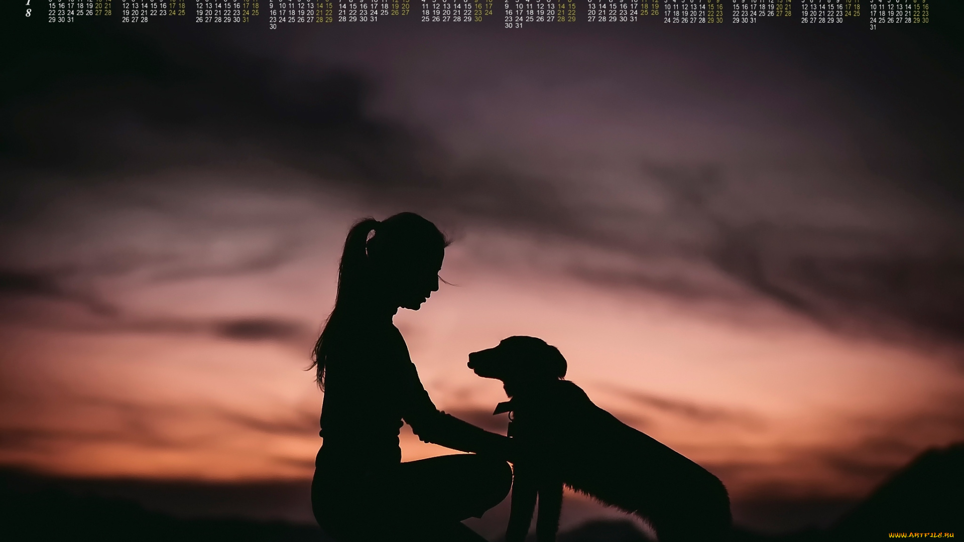 календари, девушки, собака, 2018, силуэт