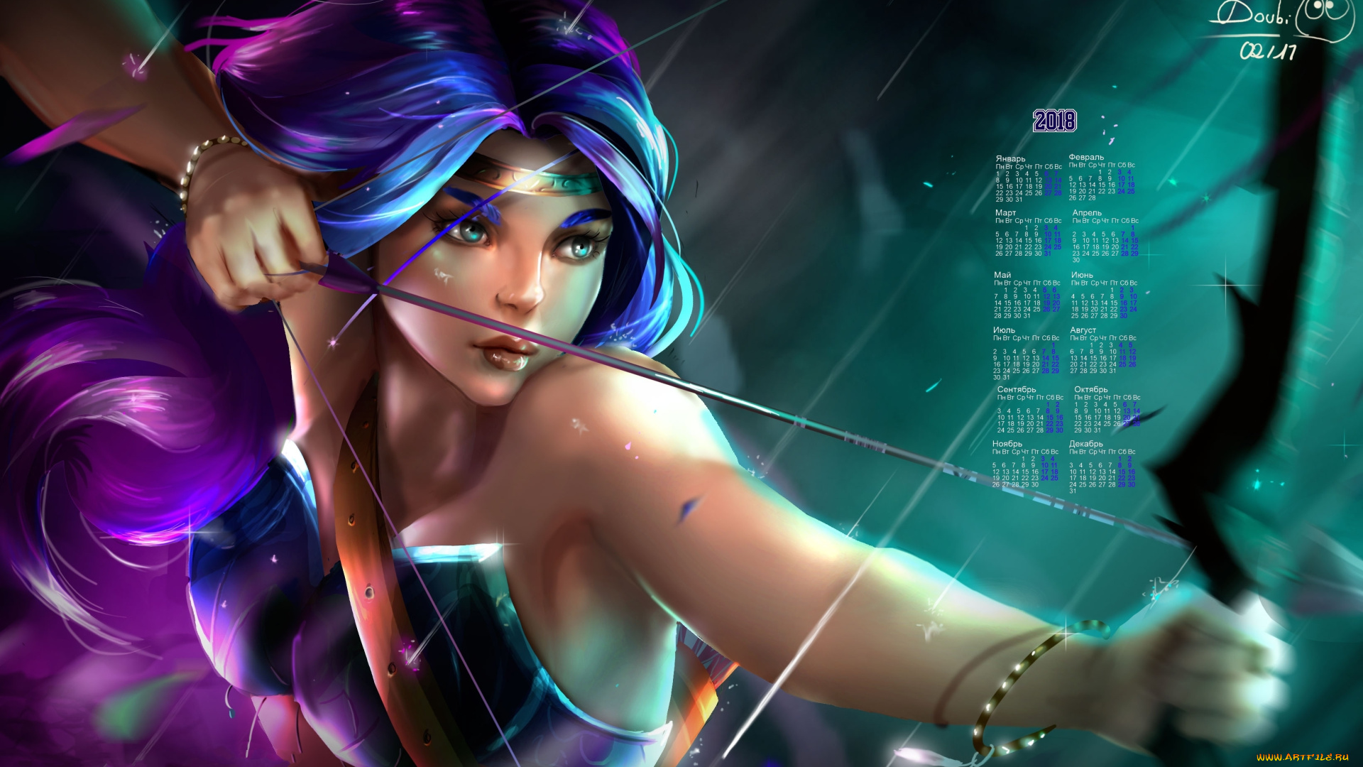 календари, фэнтези, девушка, 2018, лук, стрела, макияж, украшения