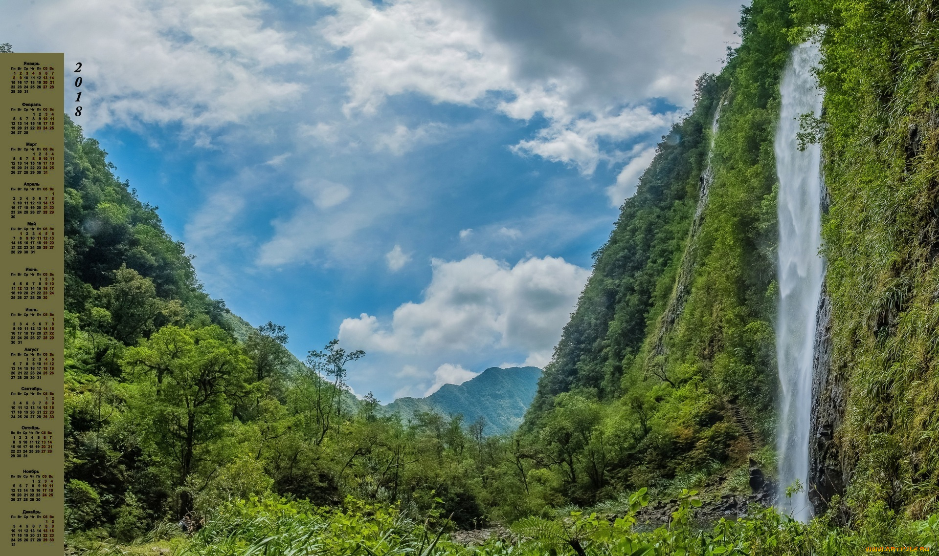 france, календари, природа, водопад, 2018, растения, облака, деревья, гора