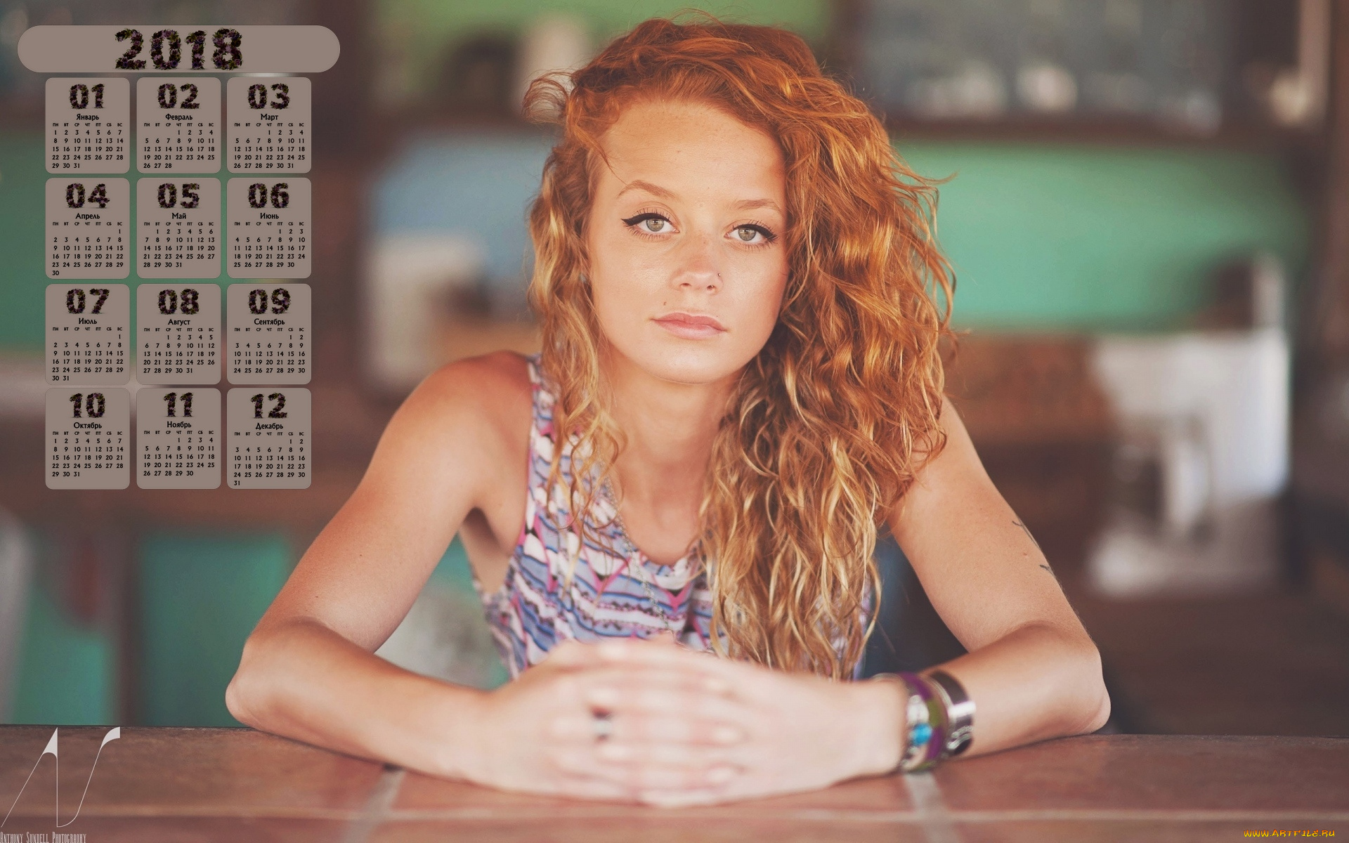 календари, девушки, браслет, рыжая, взгляд, 2018