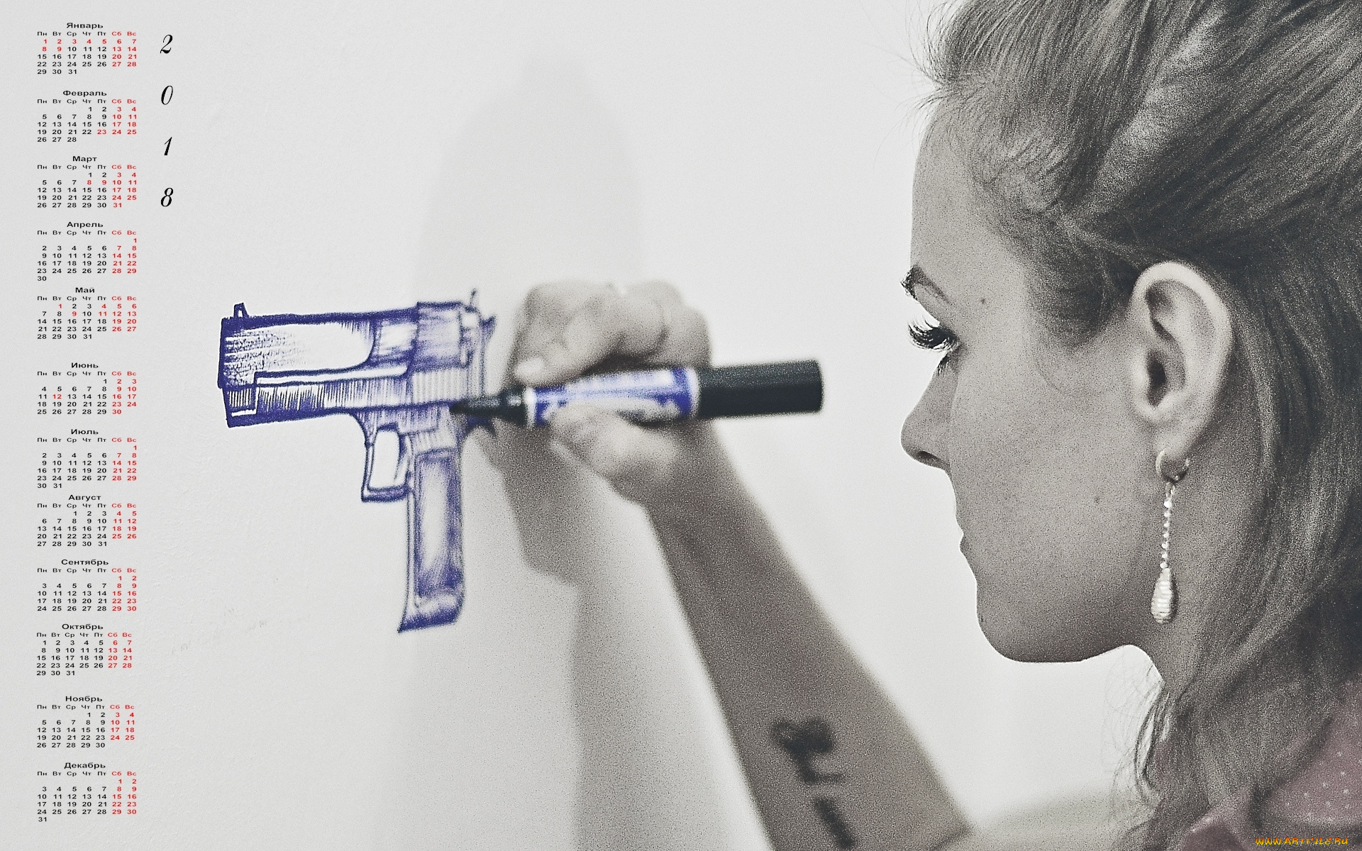 календари, девушки, пистолет, рисунок, профиль, 2018
