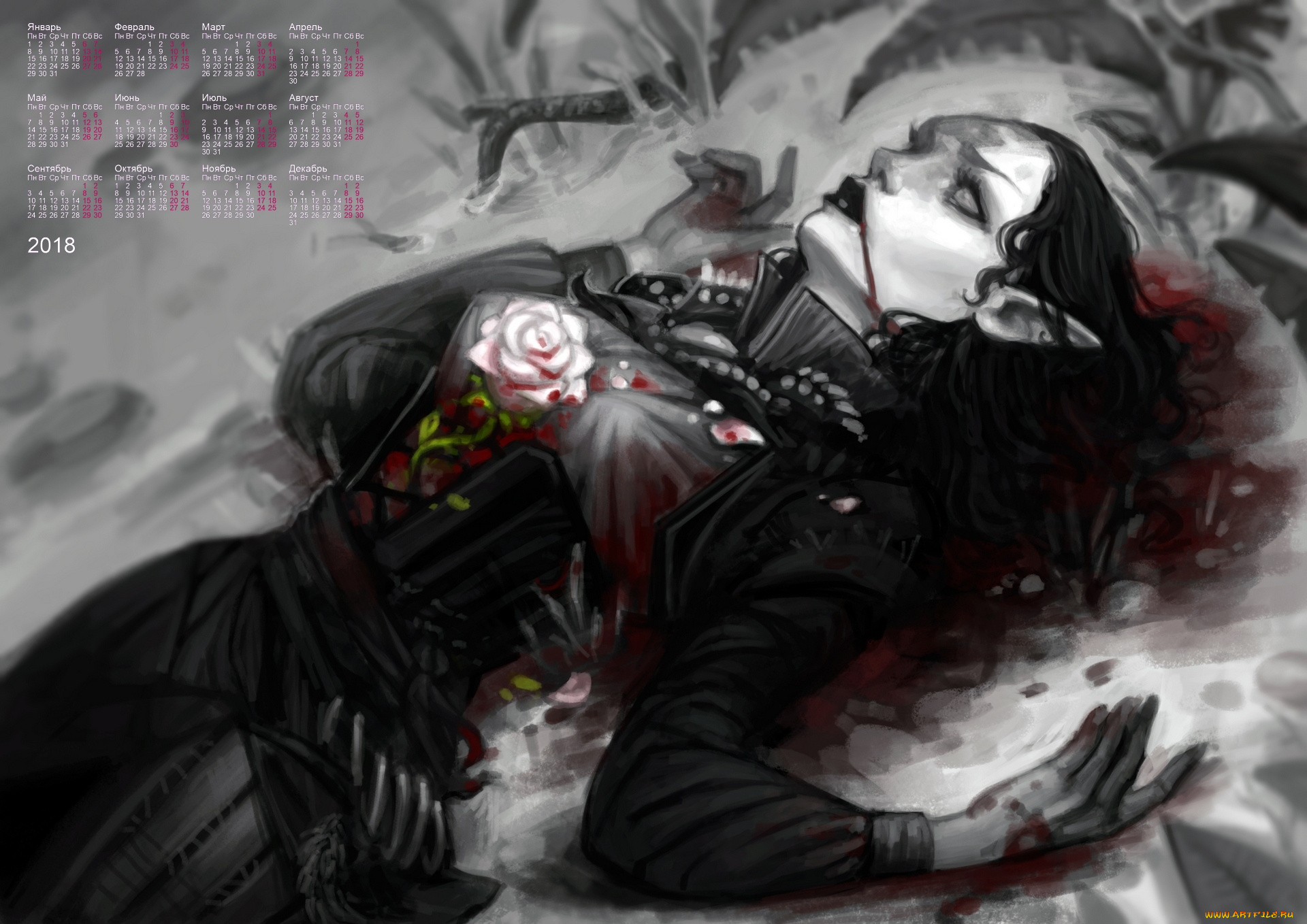 календари, фэнтези, роза, женщина, 2018, смерть, кровь