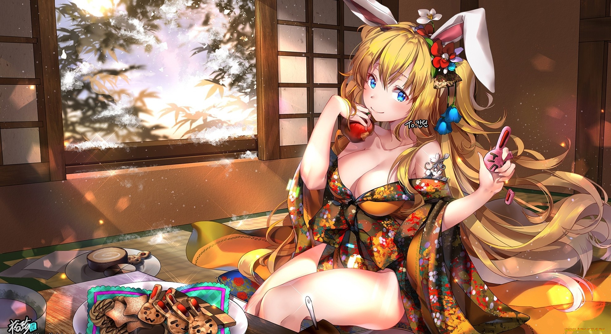 аниме, животные, , существа, piviv, tatame, apple, kyojin, girl, tekai, pretty, kimono, oppai, bishojo, japonese, anime, big, bunny, beautiful, sugoi