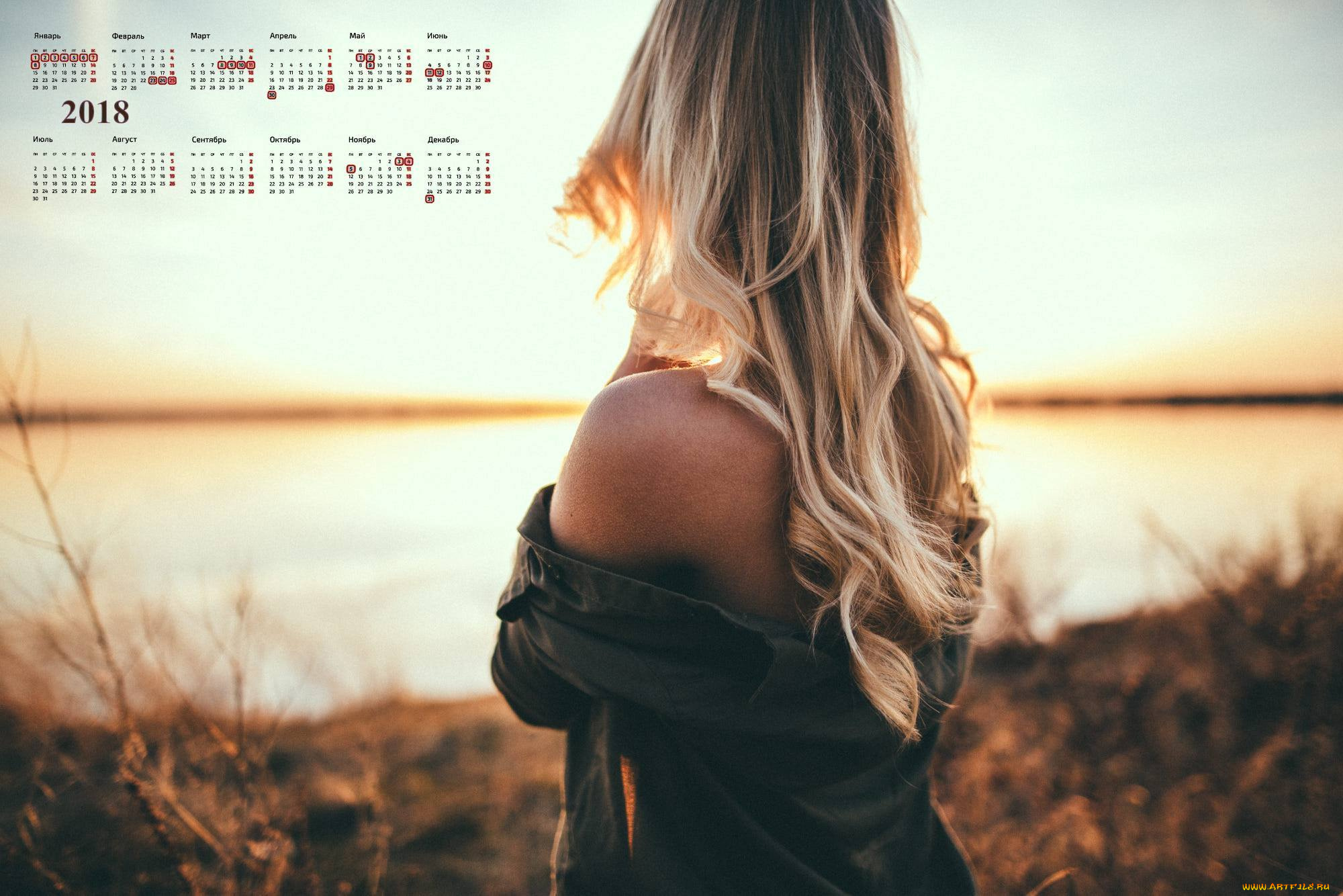 календари, девушки, природа, водоем, 2018