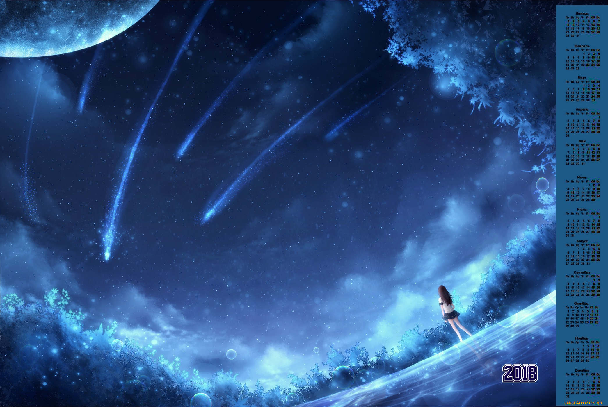 календари, аниме, 2018, девочка, планета, звездопад