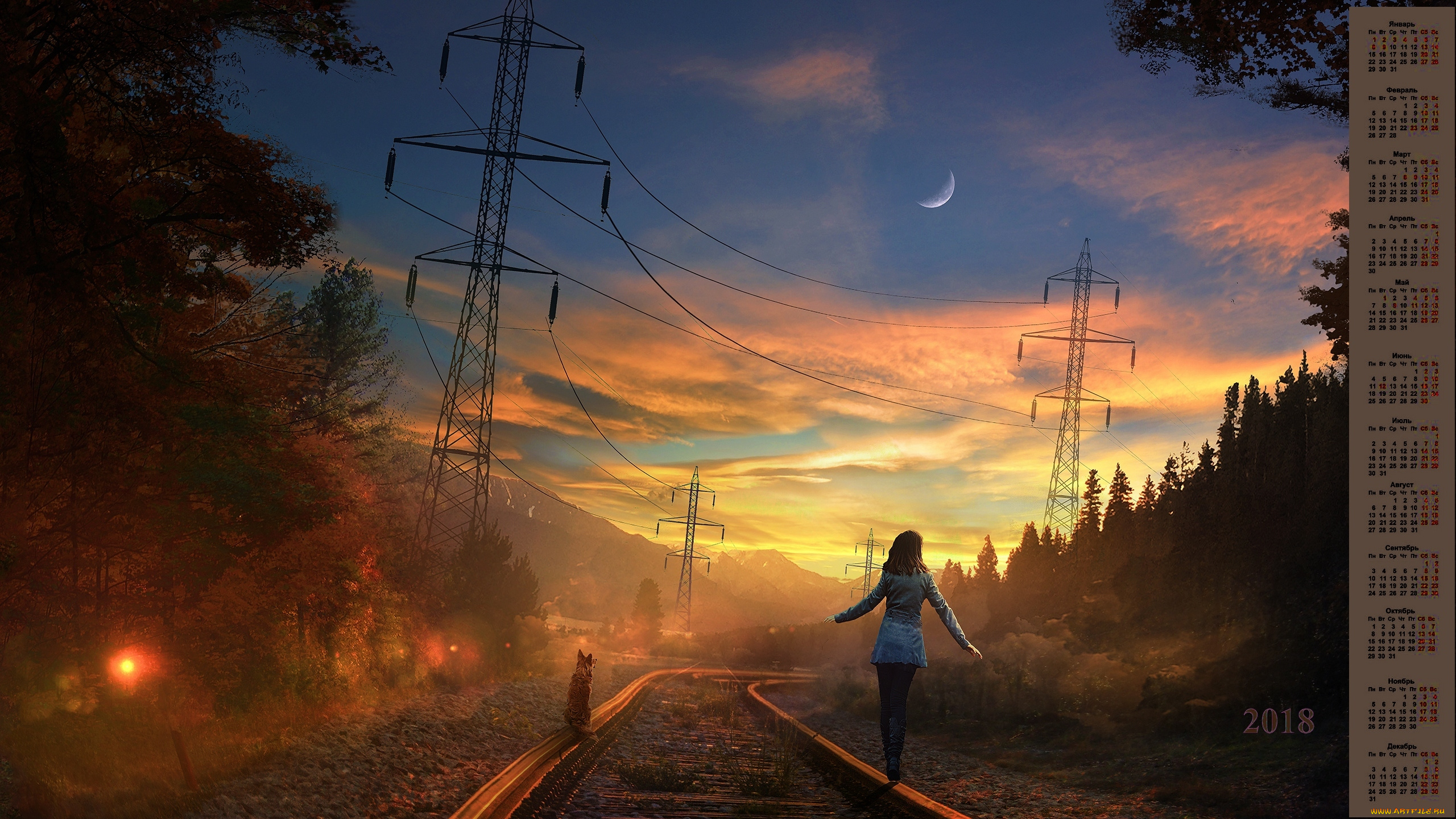 календари, девушки, спина, собака, 2018, деревья, рельсы