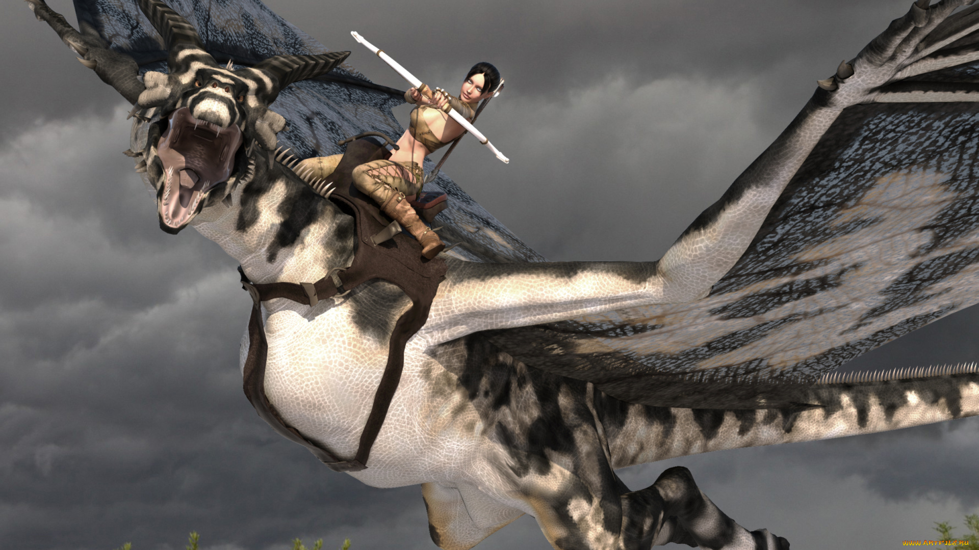 3д, графика, фантазия, , fantasy, дракон, фон, взгляд, девушка