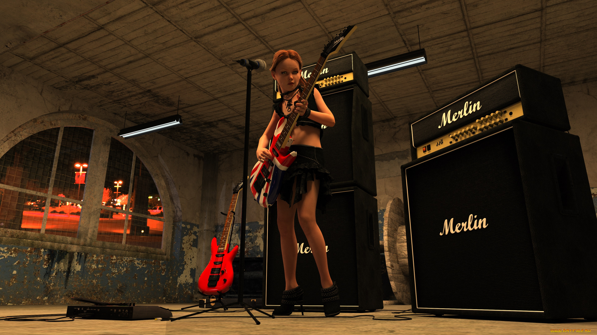 3д, графика, люди, , people, фон, гитара, взгляд, девушка