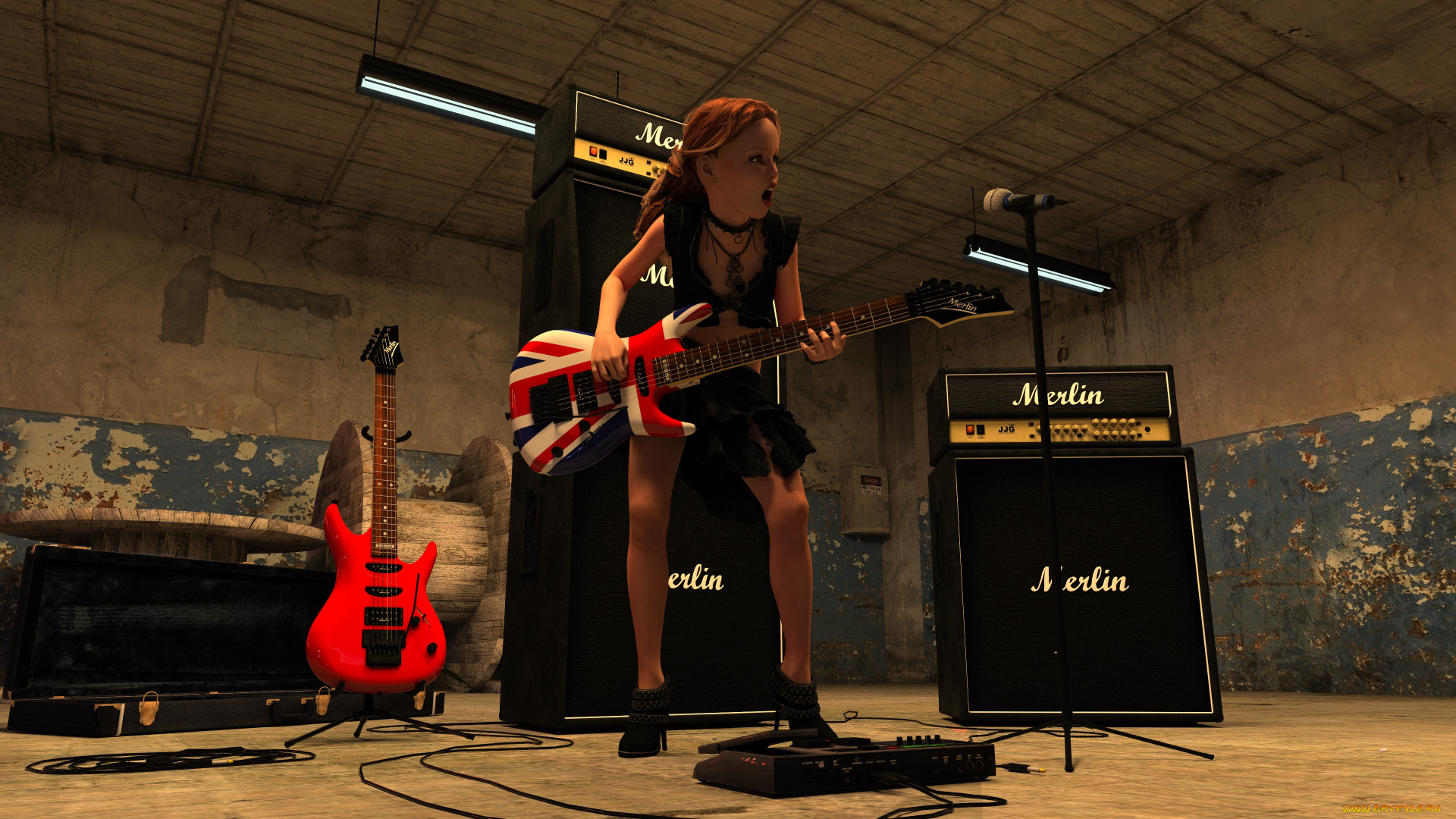 3д, графика, люди, , people, гитара, фон, взгляд, девушка