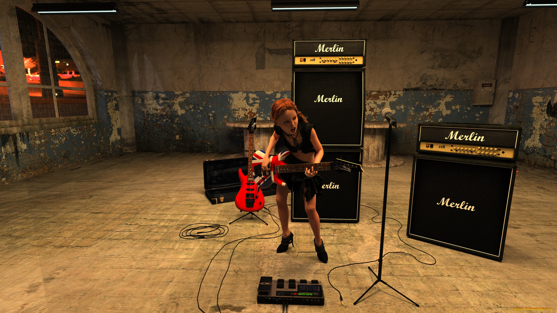 3д, графика, люди, , people, гитара, фон, взгляд, девушка