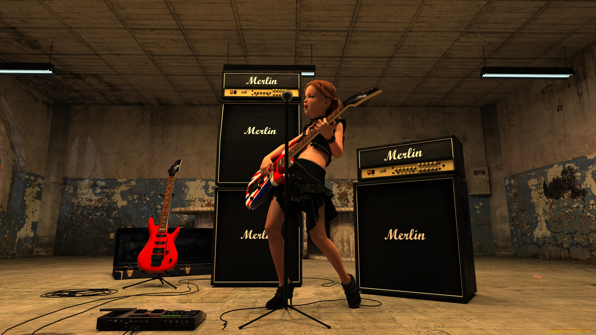 3д, графика, люди, , people, гитара, фон, взгляд, девушка