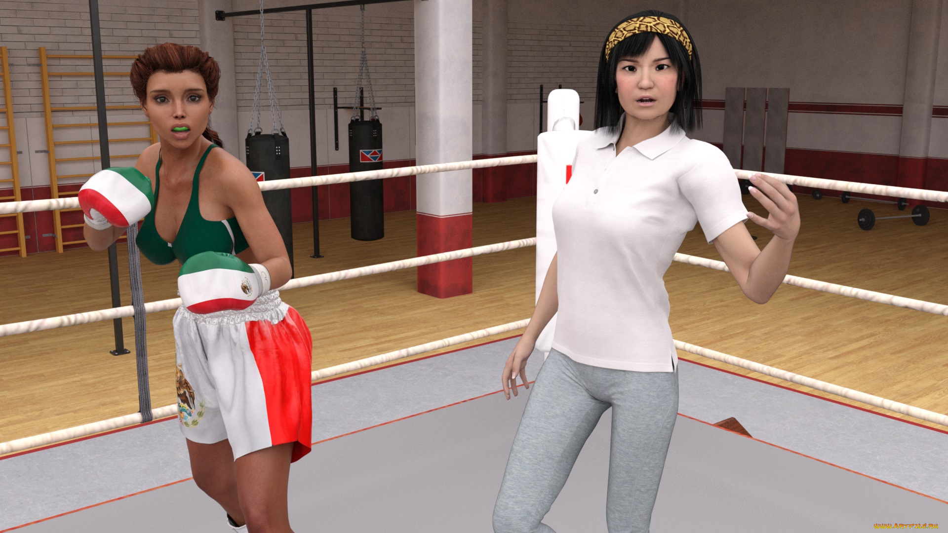 3д, графика, спорт, , sport, ринг, фон, девушки, взгляд, бокс