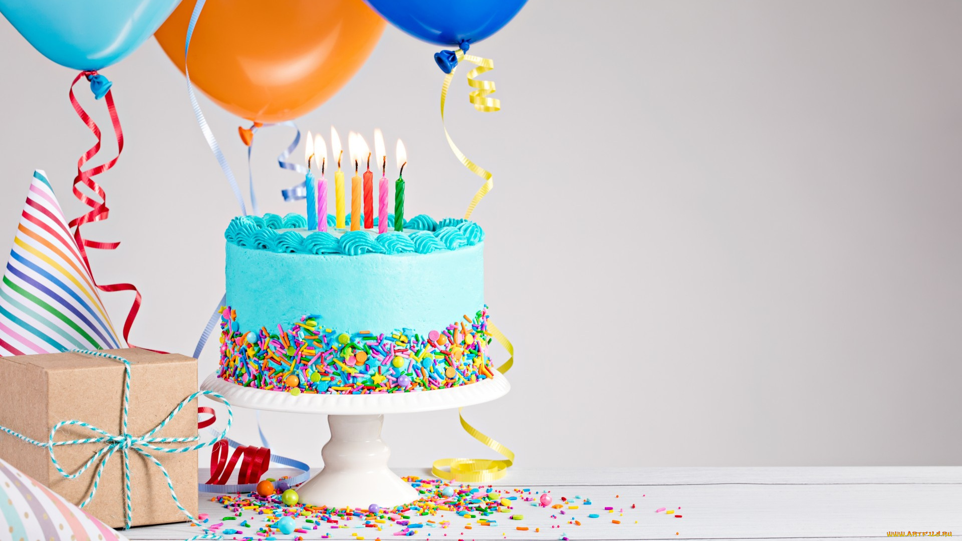 праздничные, день, рождения, шарики, свечи, торт