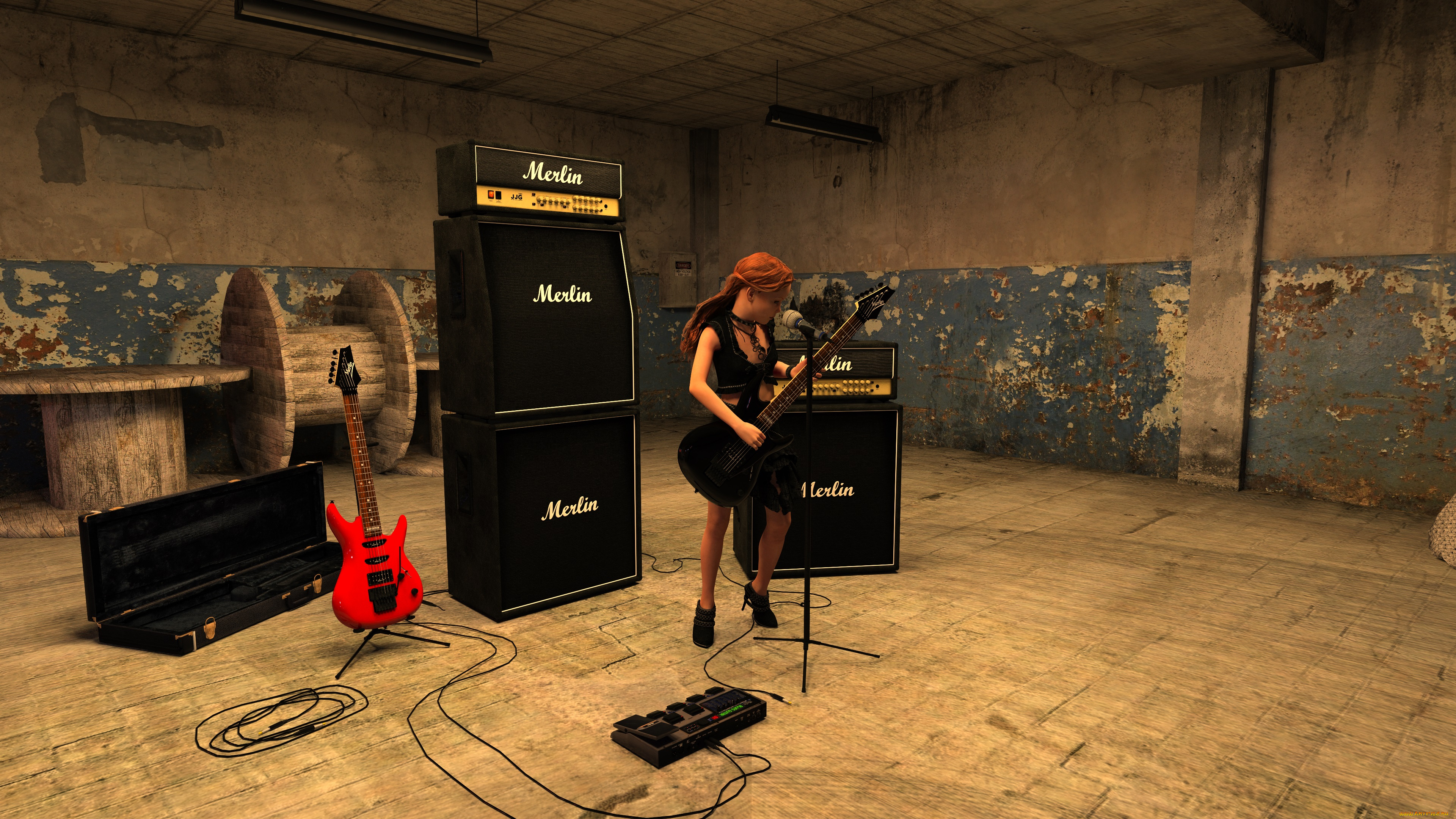 3д, графика, люди, , people, гитара, фон, взгляд, девушка