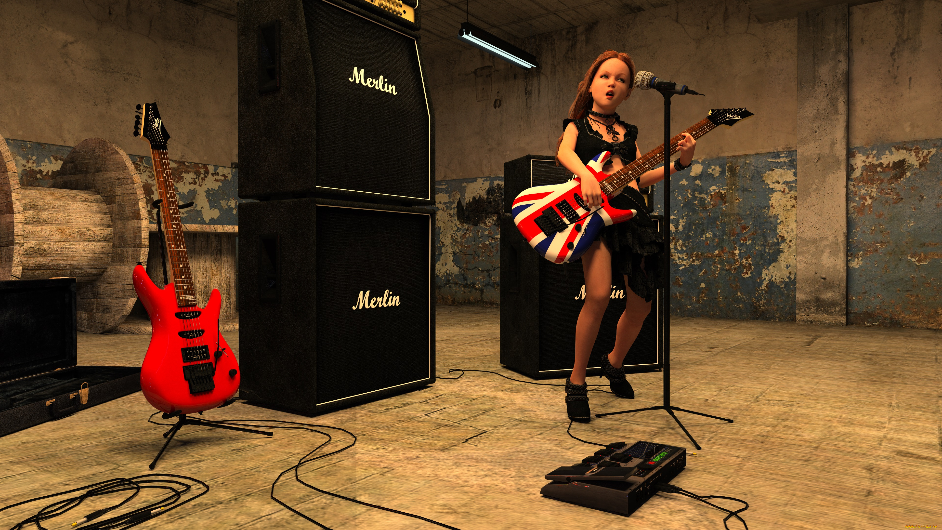 3д, графика, люди, , people, гитара, фон, взгляд, девушка