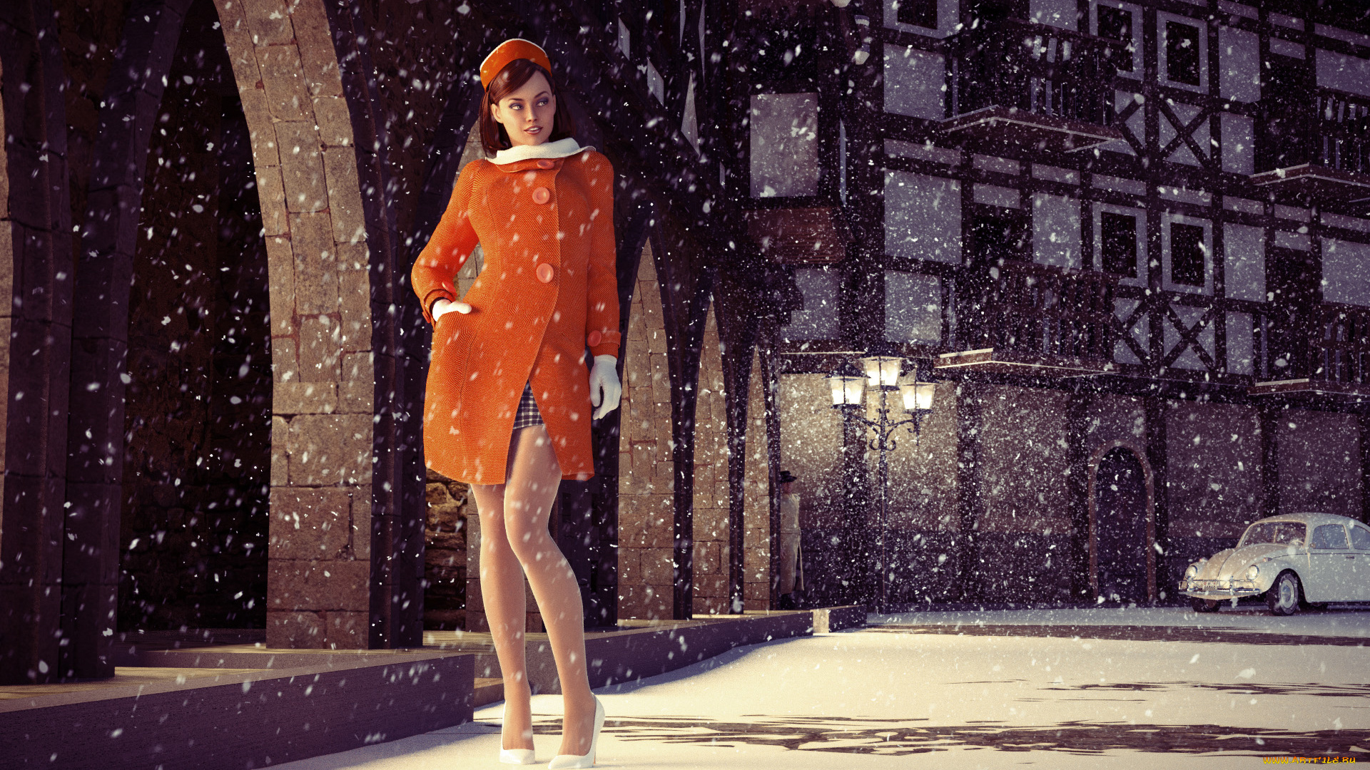 3д, графика, люди-авто, мото, , people-, car, , , moto, улыбка, снег, пальто, девушка, фон, автомобиль