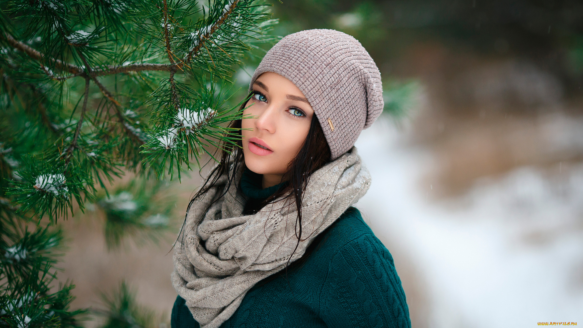 ангелина, петрова, девушки, ангелина, петрова, лицо, портрет, шапка, снег, ёлка, девушка, модель, брюнетка, красотка, красавица, взгляд, макияж, поза