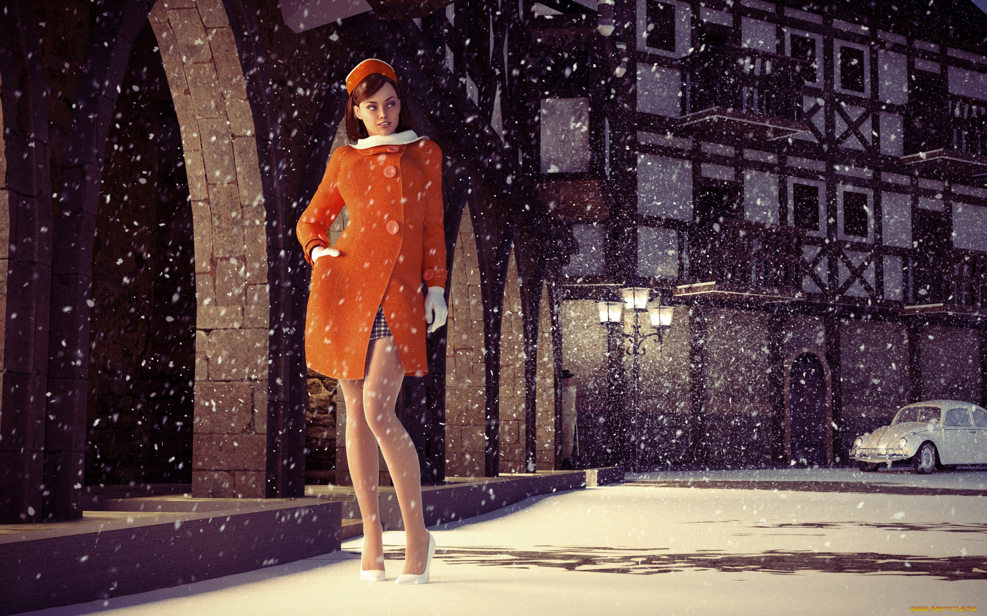 3д, графика, люди-авто, мото, , people-, car, , , moto, улыбка, снег, пальто, девушка, фон, автомобиль