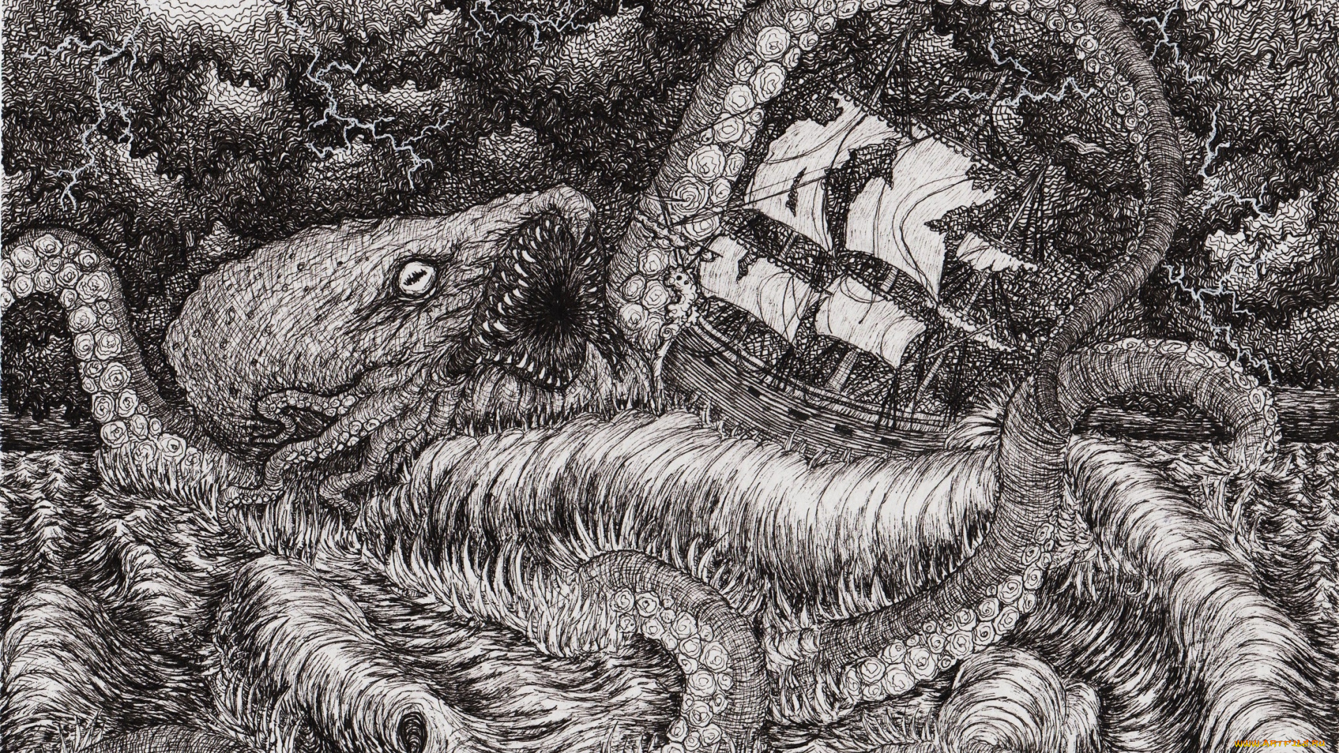 фэнтези, существа, корабль, море, шторм, кракен