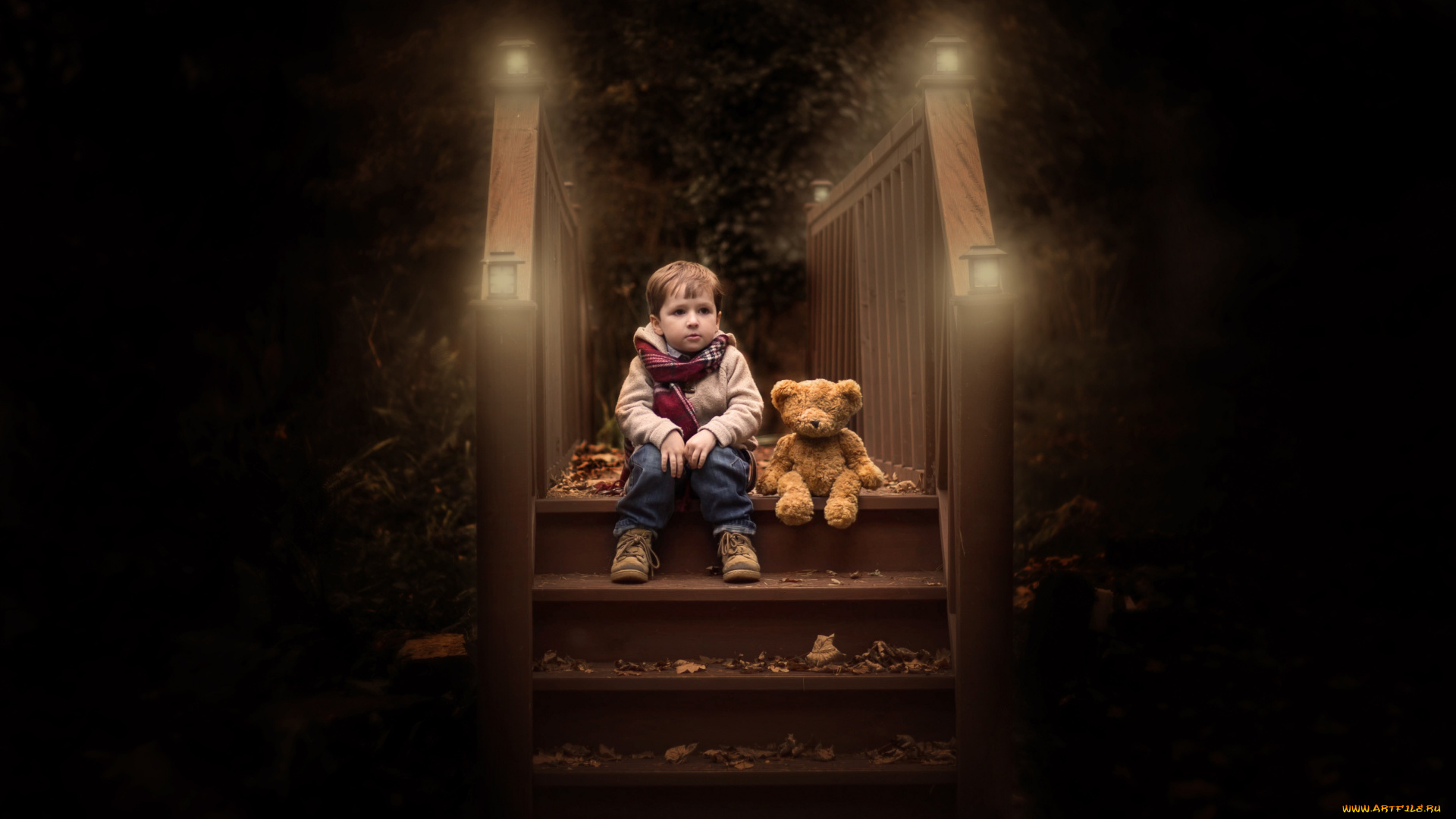 разное, дети, мальчик, мишка, ступени, фонарь