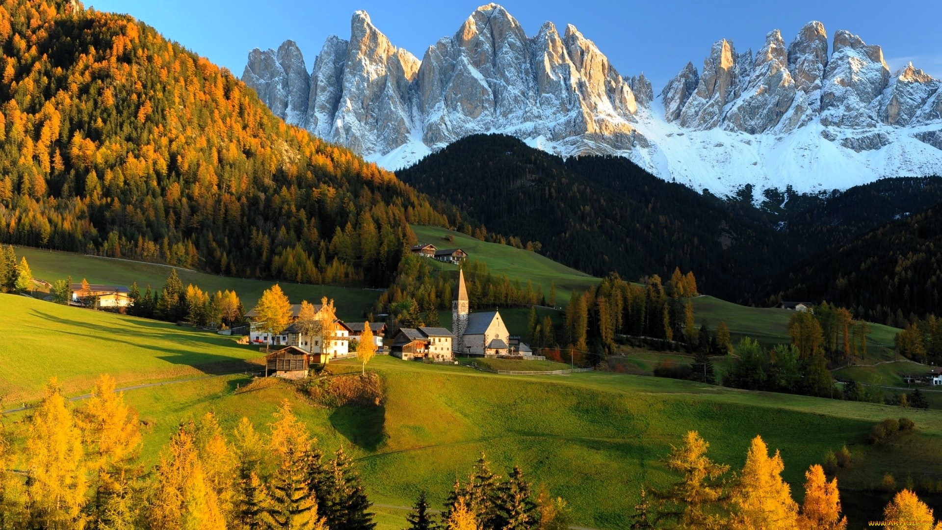 города, валь-де-фюнес, , санта-маддалена, , италия, селение, горы, снег, деревья, осень