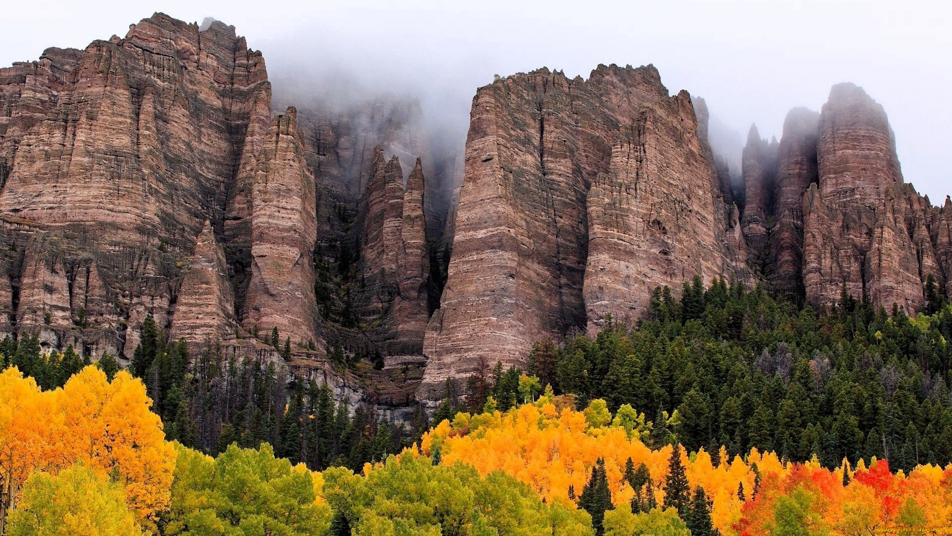 природа, горы, лес, осень, тучи