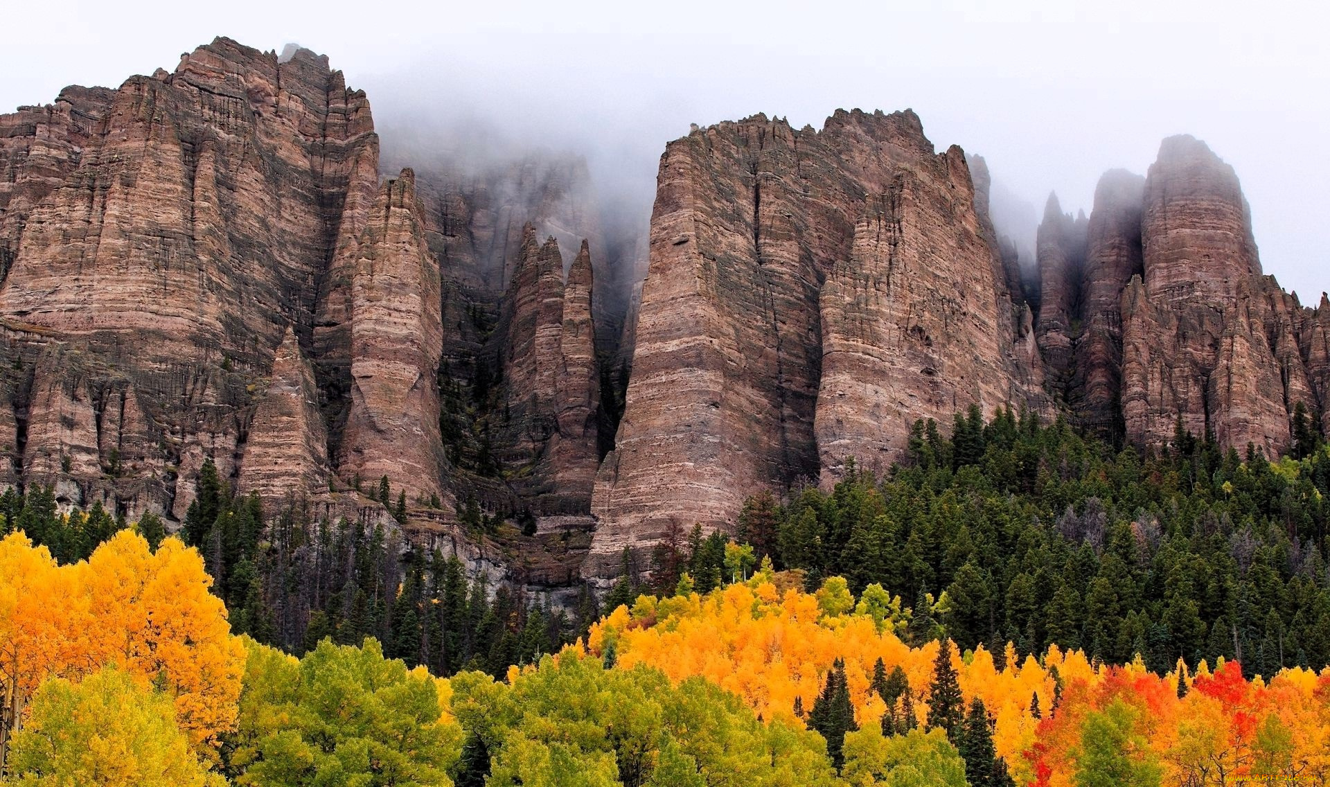 природа, горы, лес, осень, тучи