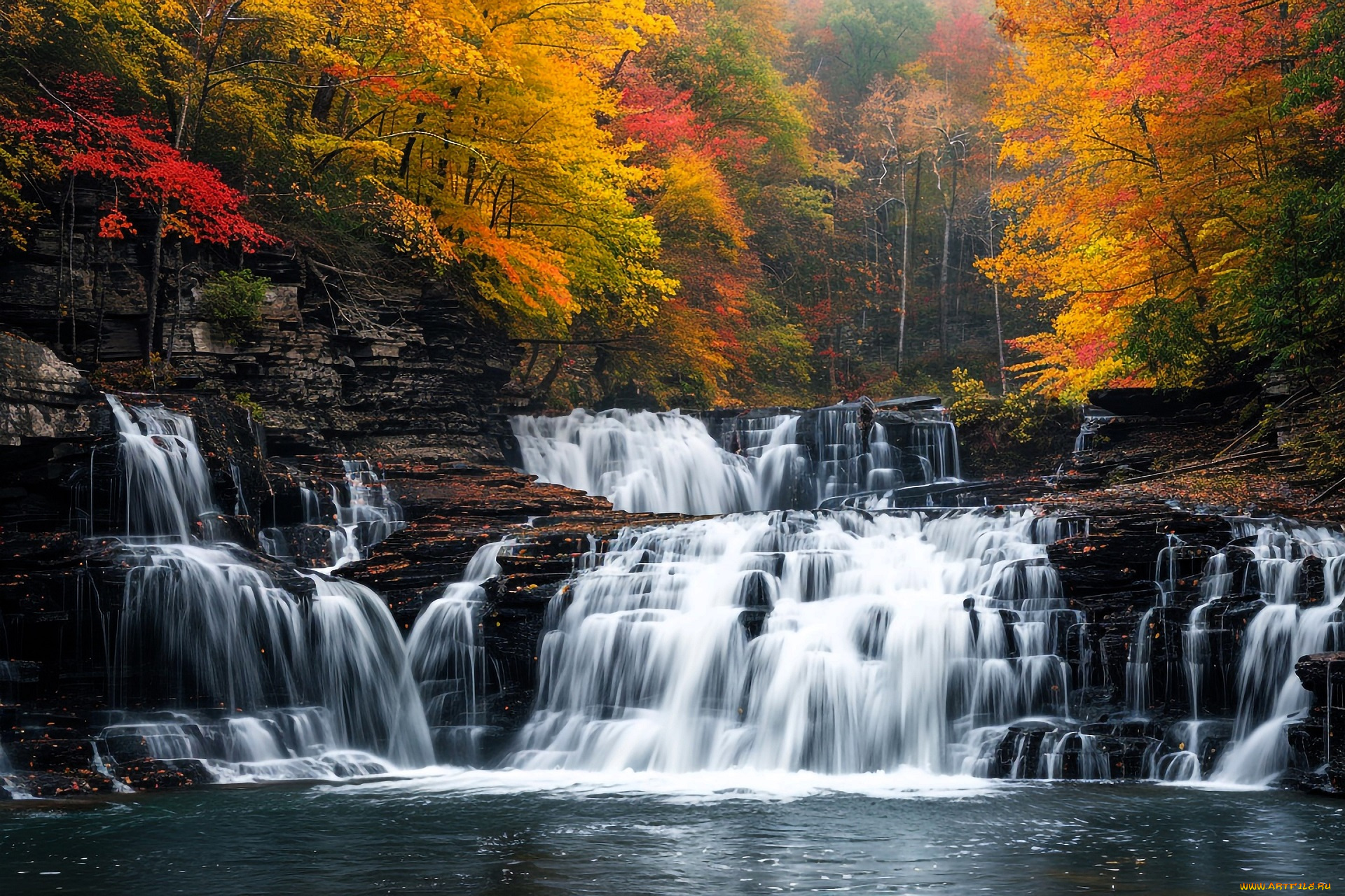 разное, компьютерный, дизайн, природа, лес, осень, водопад, каскад