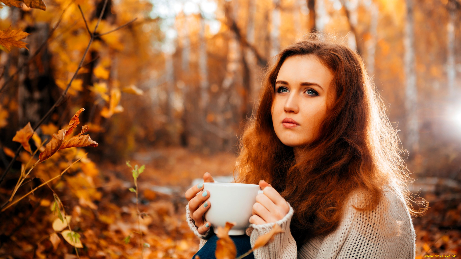девушки, -, рыжеволосые, и, разноцветные, рыжая, свитер, чашка, лес, листья, осень